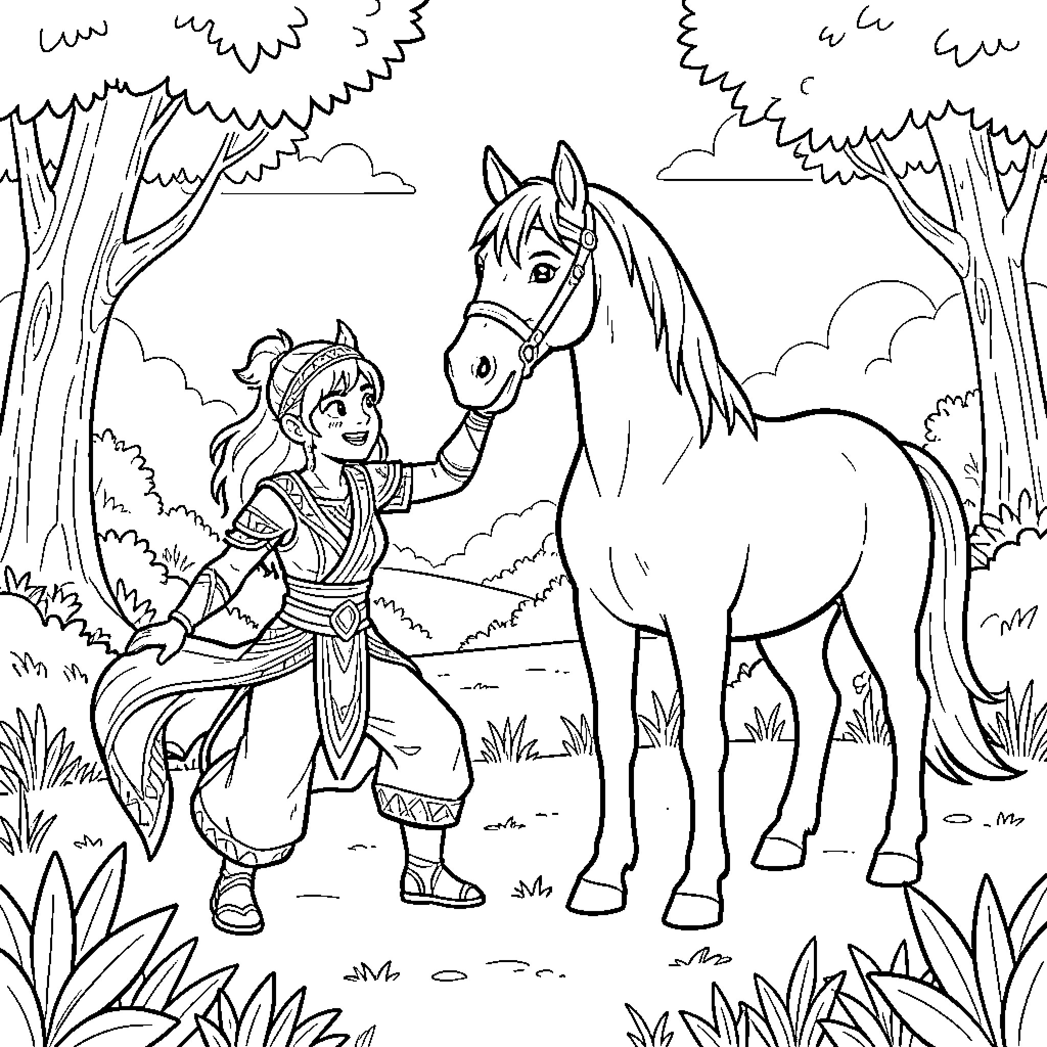Avatar girl interacting gently with a standing horse Coloring Page (free black-and-white line drawing printable PDF for all, from beginners to advanced learners, including children, teens, adults, and seniors)