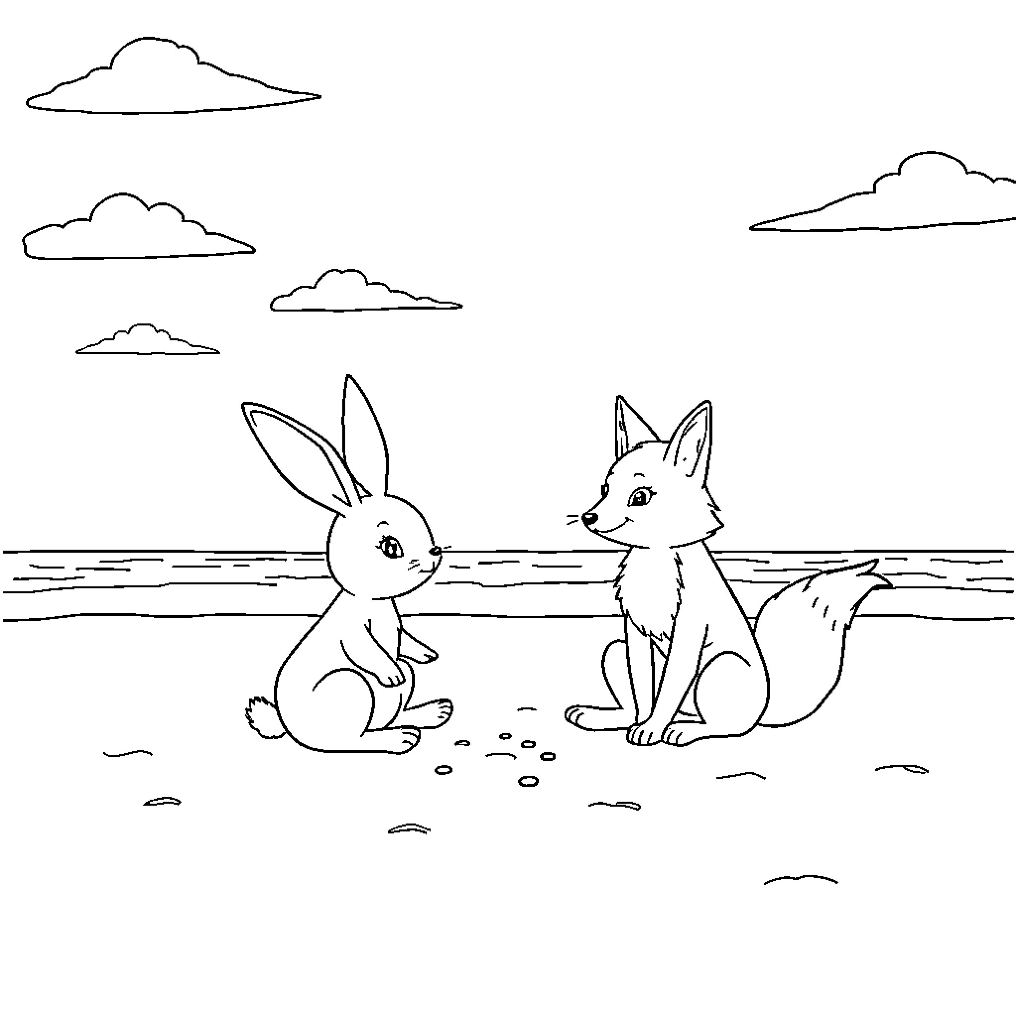 Bunny and Fox Meet in Nature Coloring Page (free black-and-white line drawing printable PDF for all, from beginners to advanced learners, including children, teens, adults, and seniors)