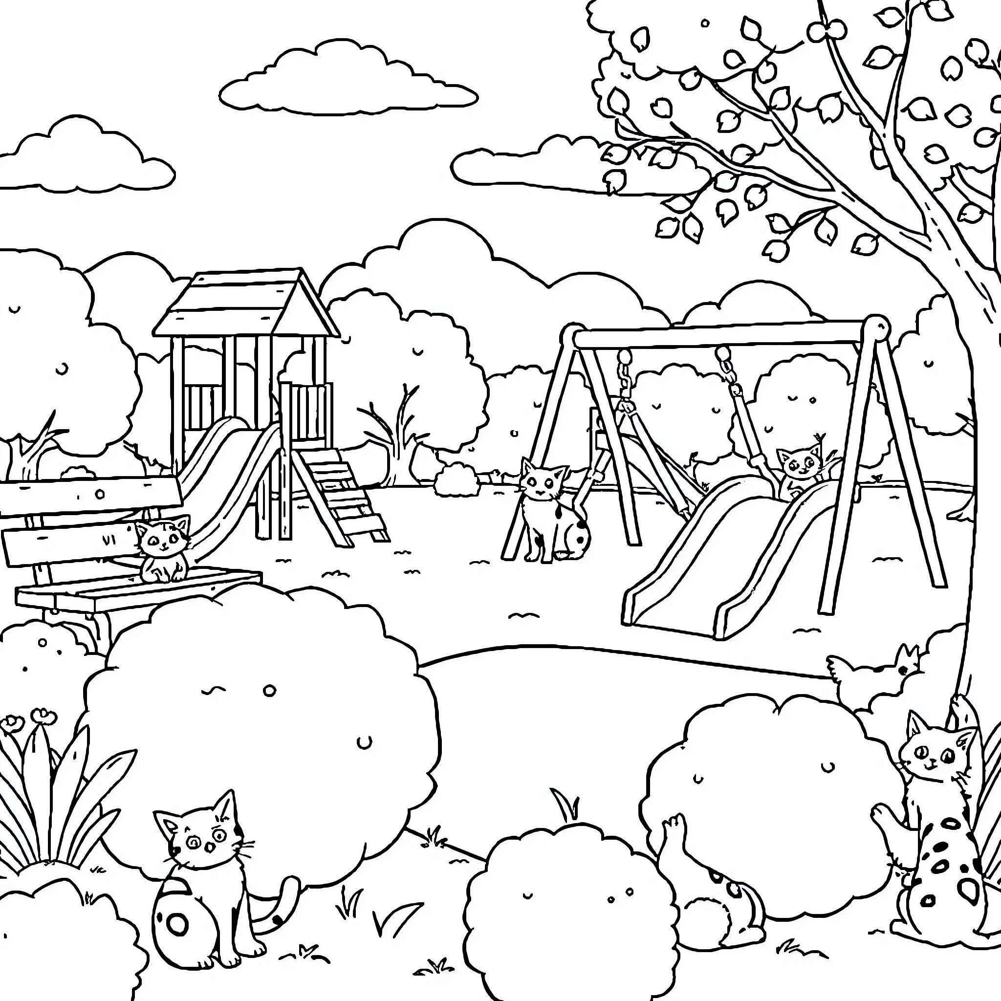 Cat playing in a park with playground equipment Coloring Page (free black-and-white line drawing printable PDF for all, from beginners to advanced learners, including children, teens, adults, and seniors)