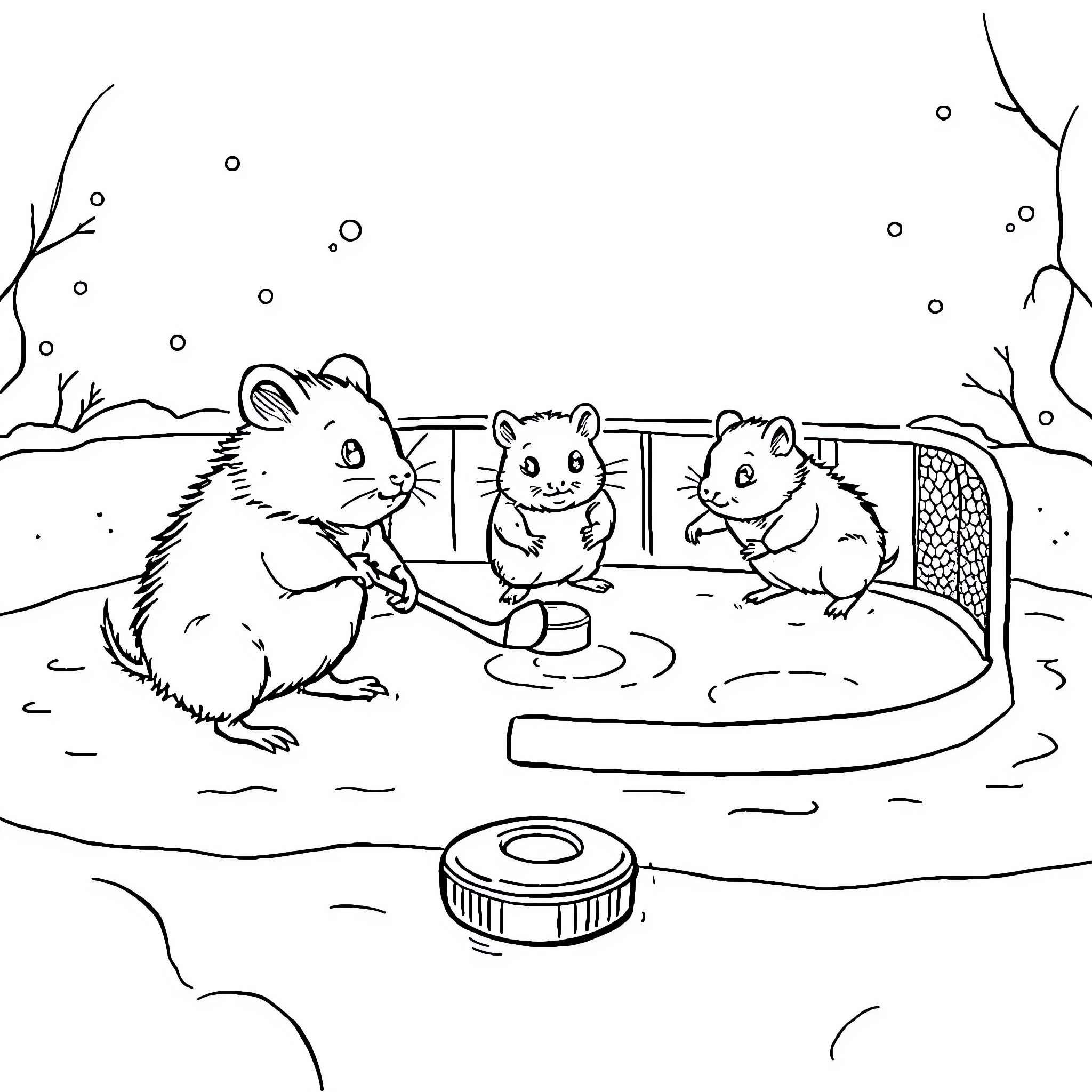 Hamsters playing in a snowy outdoor scene Coloring Page (free black-and-white line drawing printable PDF for all, from beginners to advanced learners, including children, teens, adults, and seniors)