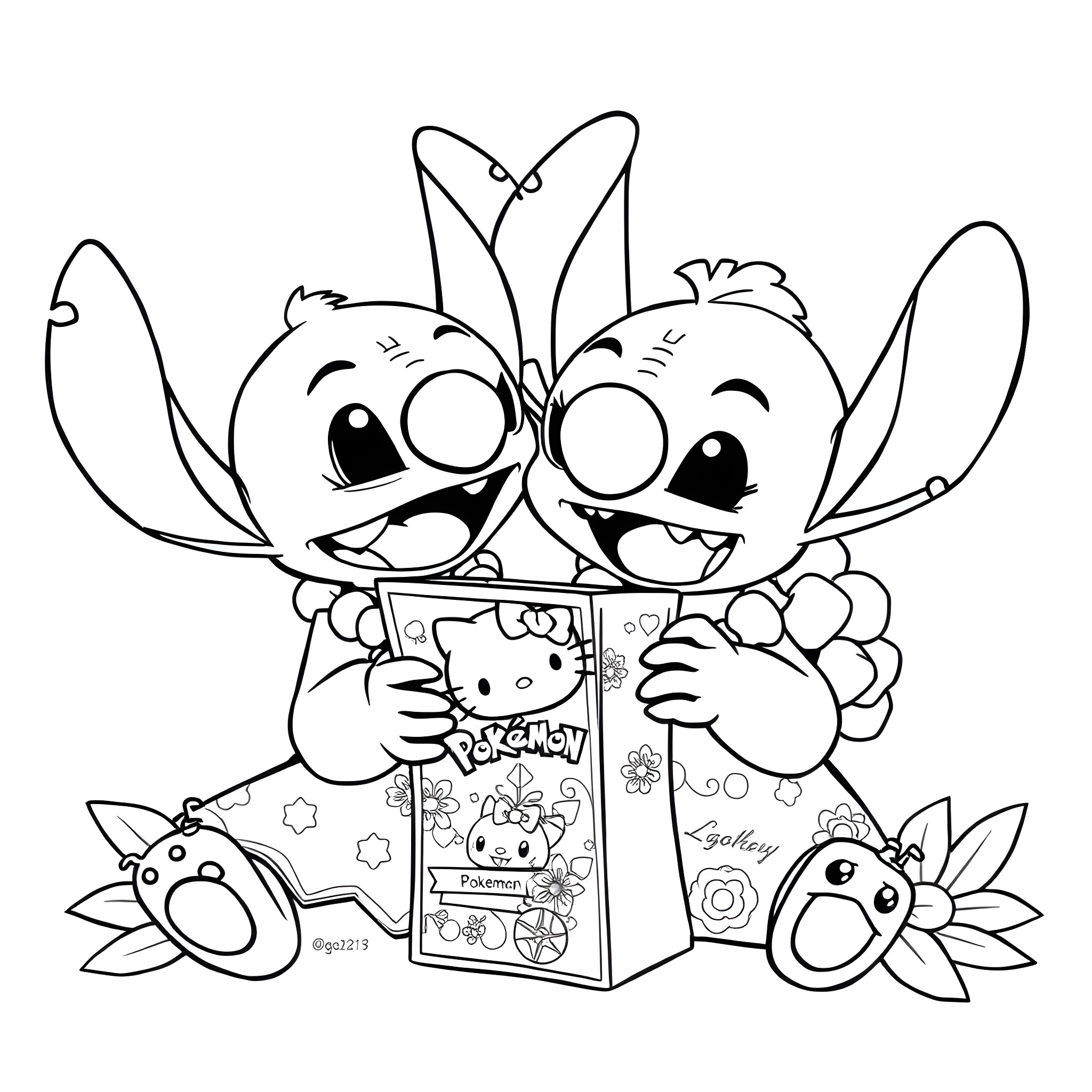 Lilo and Stitch Playing with Hello Kitty Merchandise Coloring Page (free black-and-white line drawing printable PDF for all, from beginners to advanced learners, including children, teens, adults, and seniors)