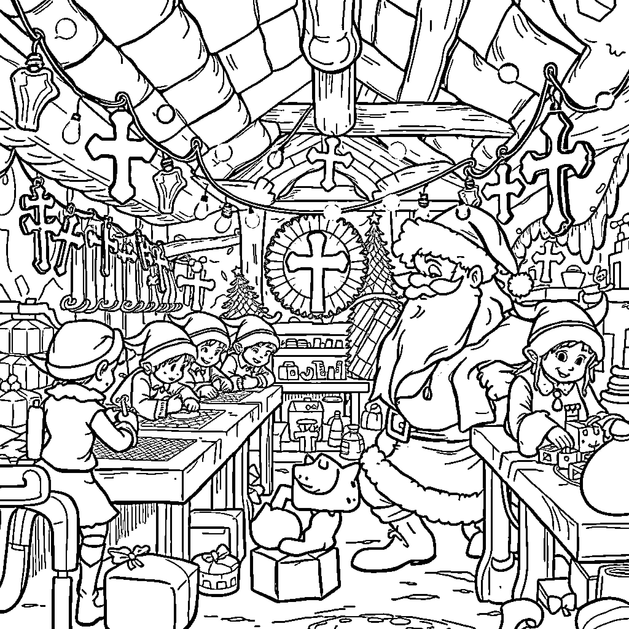 Santa's Workshop with Festive Decorations Coloring Page (free black-and-white line drawing printable PDF for all, from beginners to advanced learners, including children, teens, adults, and seniors)