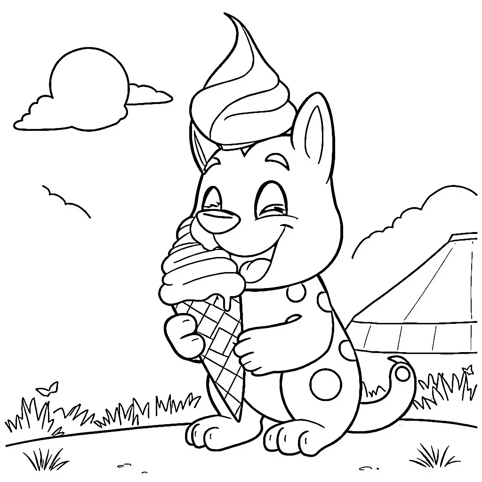 Labubu enjoying an ice cream on a sunny day Coloring Page (free black-and-white line drawing printable PDF for all, from beginners to advanced learners, including children, teens, adults, and seniors)