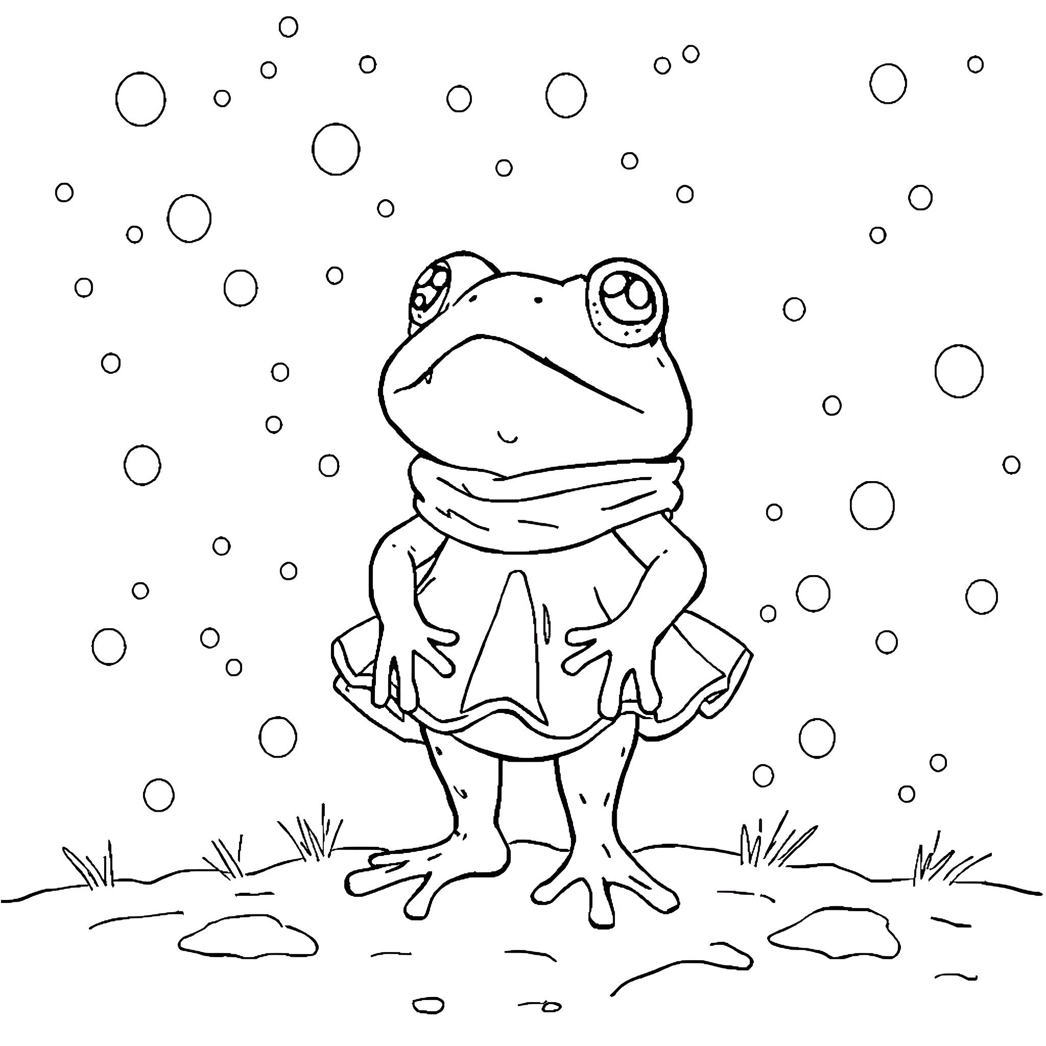 Frog in scarf and dress in snowy scene Coloring Page (free black-and-white line drawing printable PDF for all, from beginners to advanced learners, including children, teens, adults, and seniors)