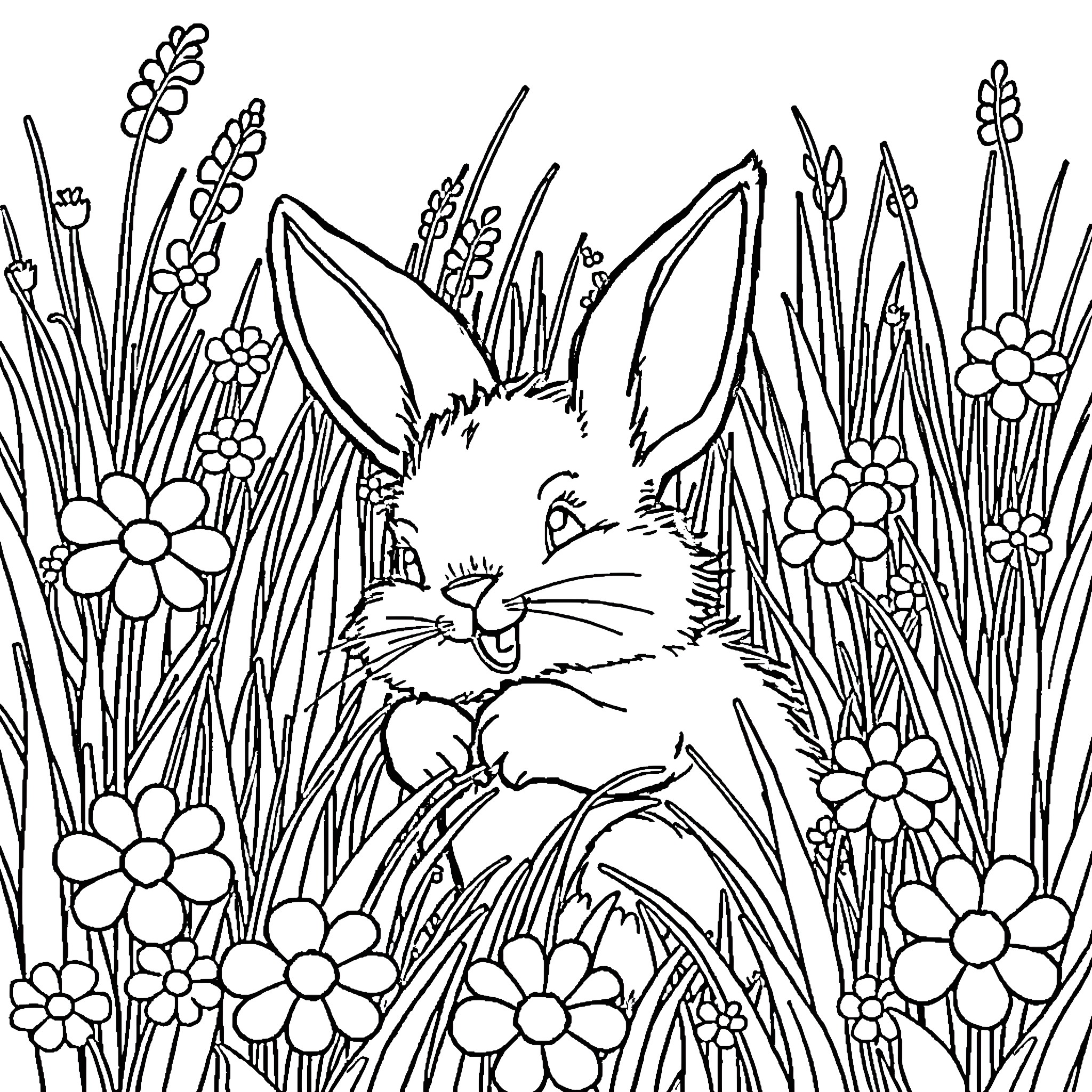 Bunny hiding in a floral meadow Coloring Page (free black-and-white line drawing printable PDF for all, from beginners to advanced learners, including children, teens, adults, and seniors)