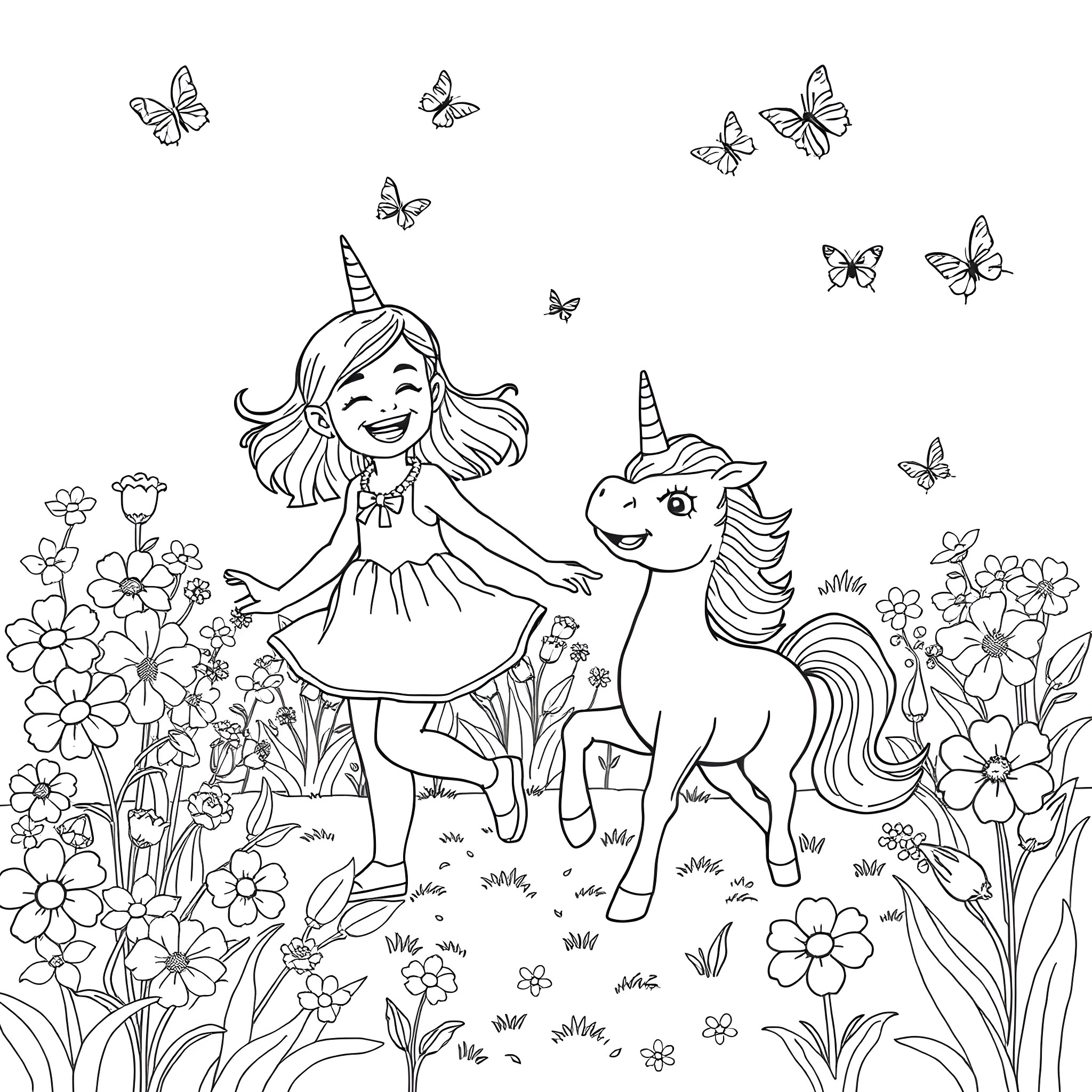 Girl playing happily with unicorn in flower field Coloring Page (free black-and-white line drawing printable PDF for all, from beginners to advanced learners, including children, teens, adults, and seniors)