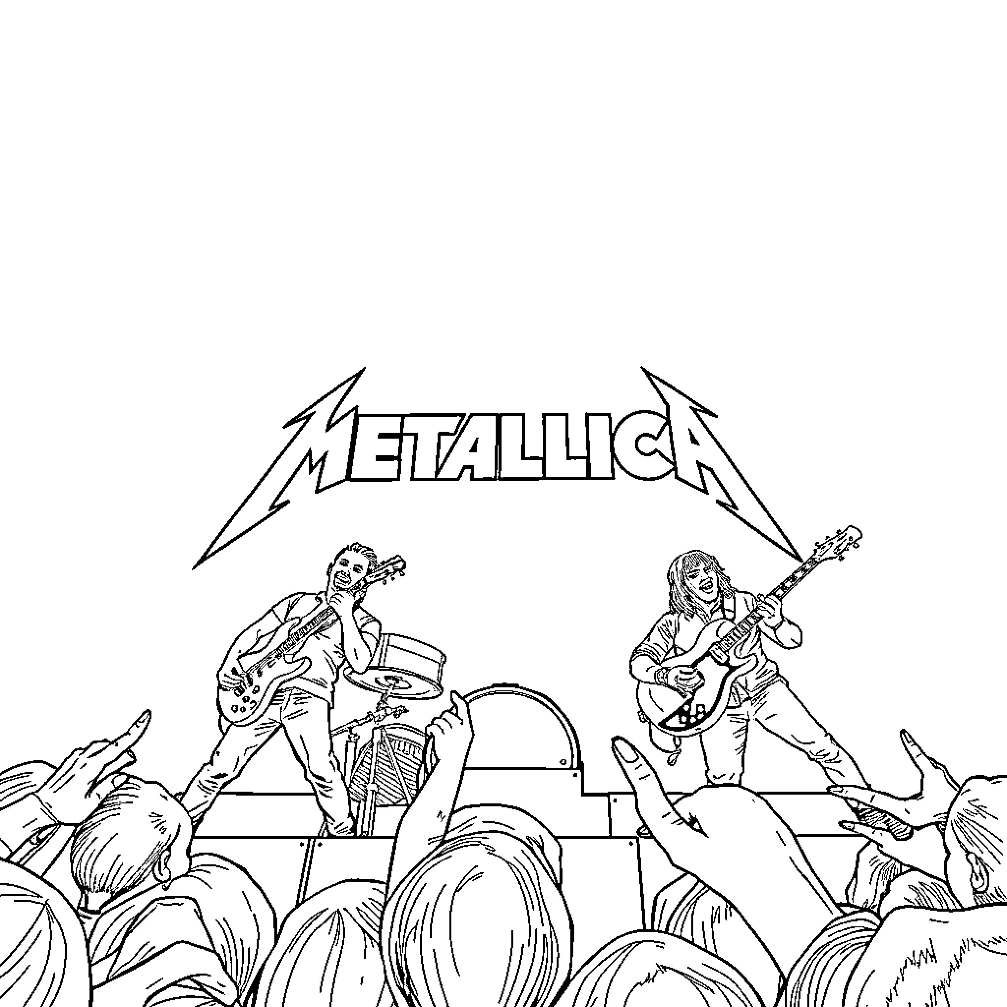 Metallica Performing Energetic Rock Concert Coloring Page (free black-and-white line drawing printable PDF for all, from beginners to advanced learners, including children, teens, adults, and seniors)