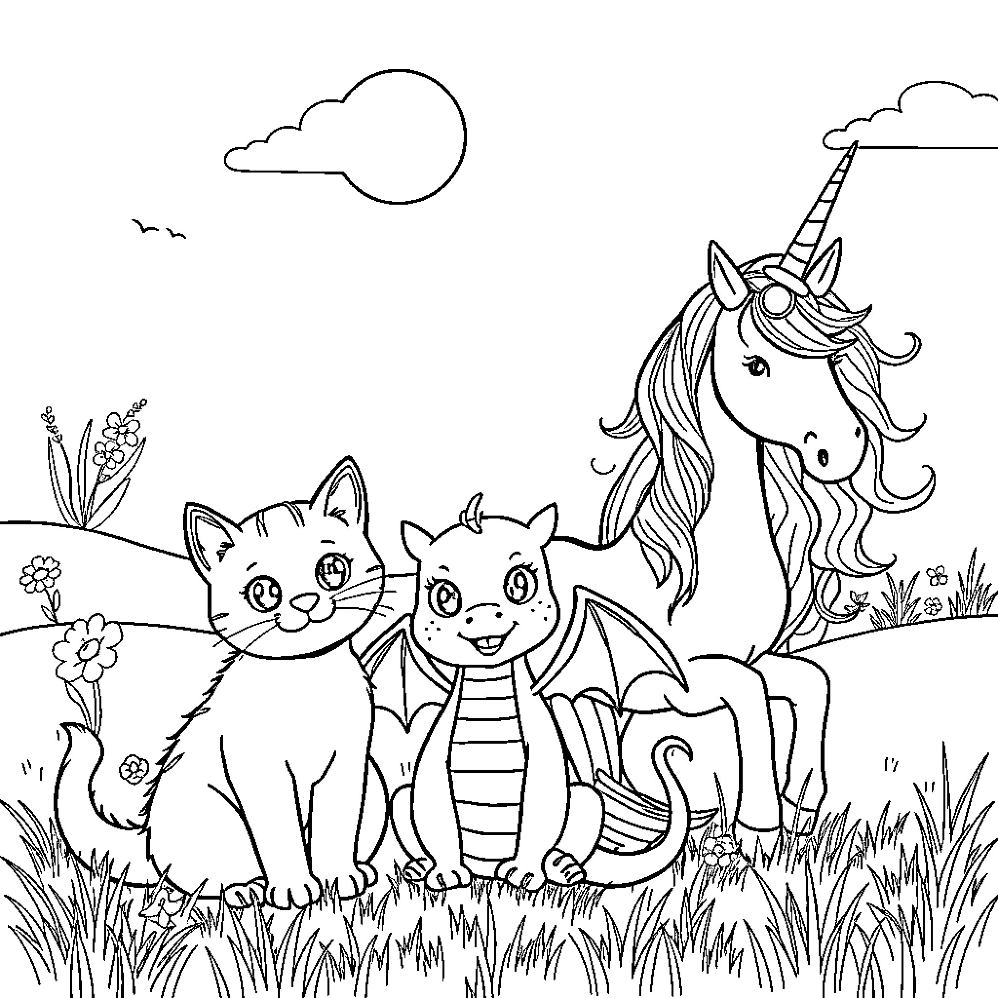 Cat, Unicorn, and Dragon Playing in the Meadow Coloring Page (free black-and-white line drawing printable PDF for all, from beginners to advanced learners, including children, teens, adults, and seniors)