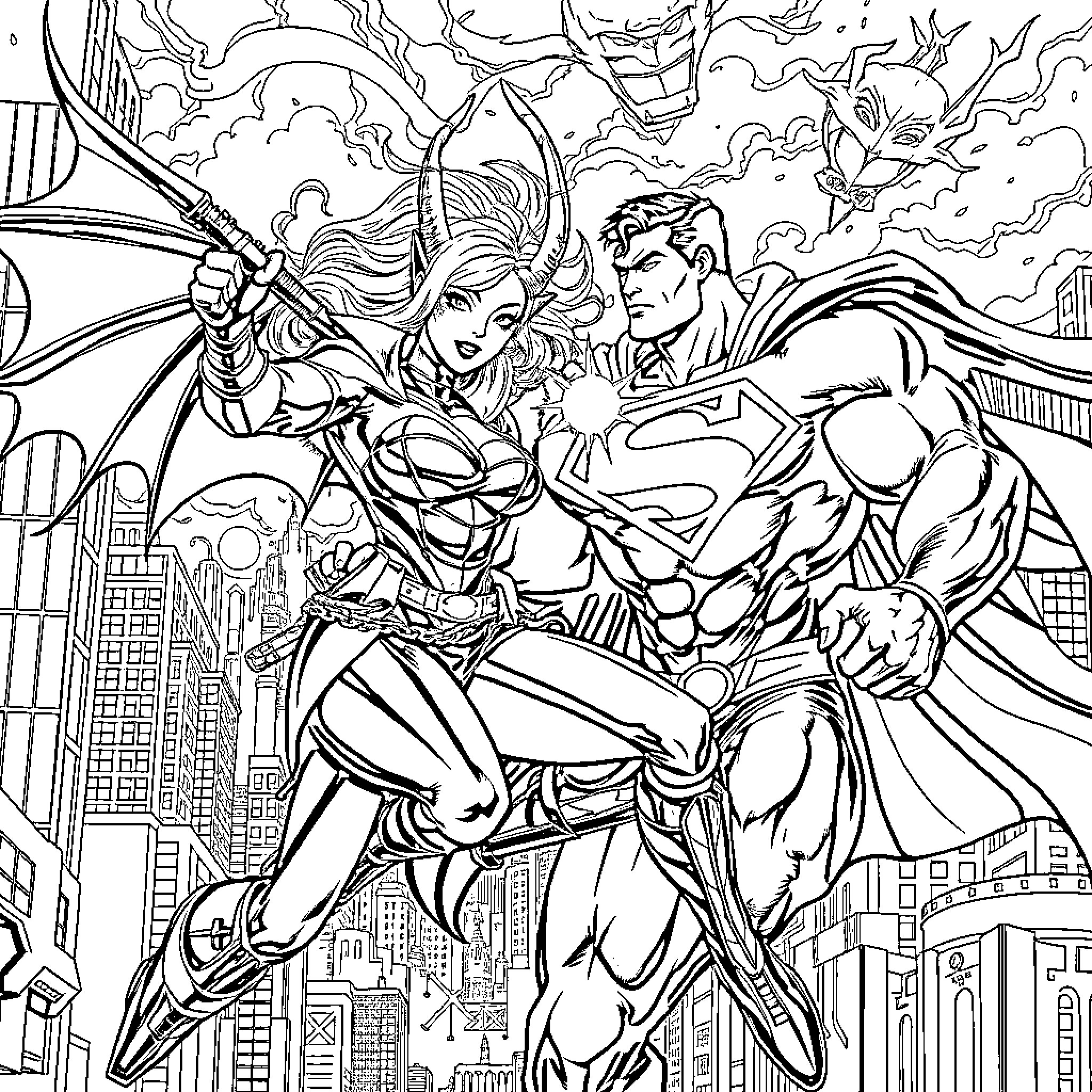 Zoey's Heroic Adventure with the Caped Crusader Coloring Page (free black-and-white line drawing printable PDF for all, from beginners to advanced learners, including children, teens, adults, and seniors)