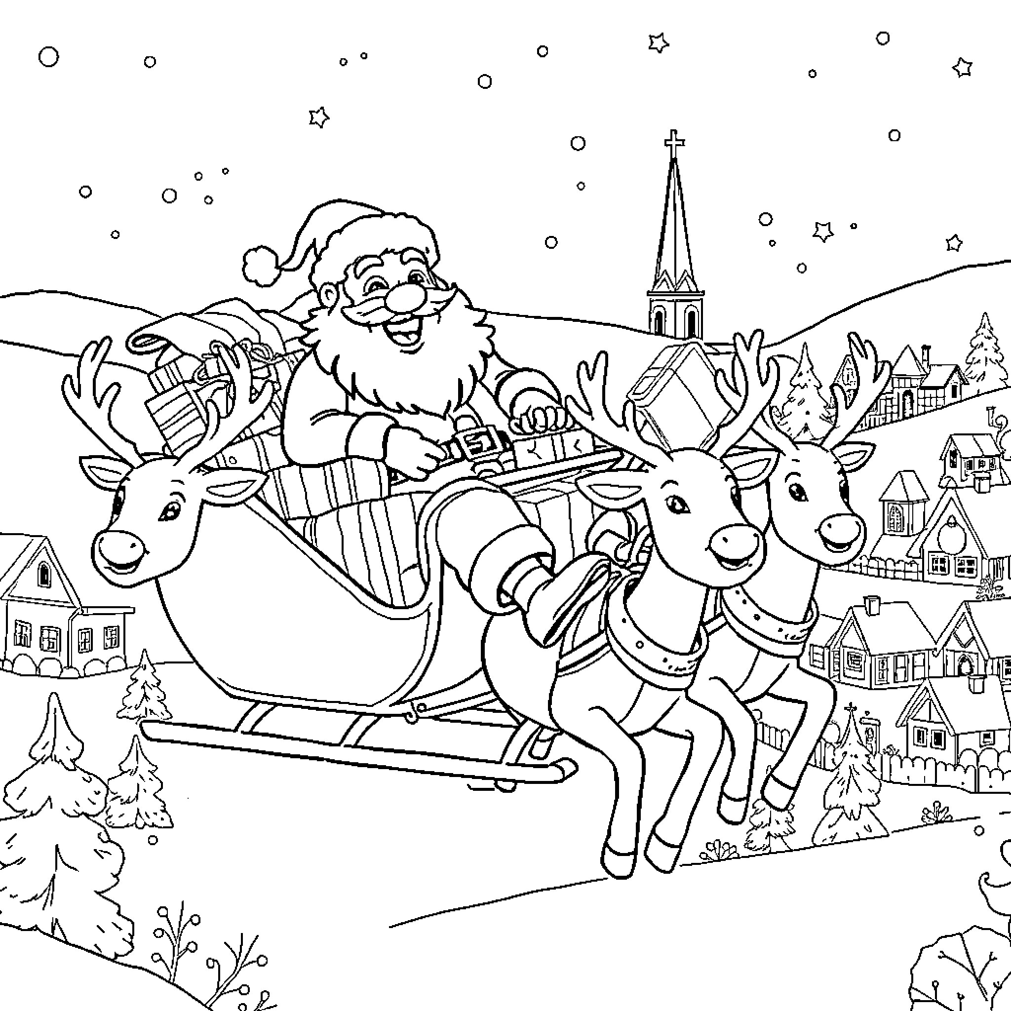 Santa riding a sleigh with his reindeer in a snowy town Coloring Page (free black-and-white line drawing printable PDF for all, from beginners to advanced learners, including children, teens, adults, and seniors)