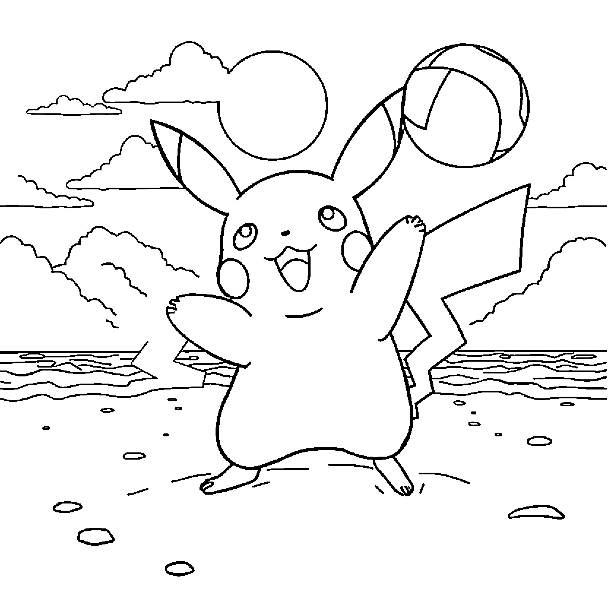 Pikachu playing with a beach ball on the shore Coloring Page (free black-and-white line drawing printable PDF for all, from beginners to advanced learners, including children, teens, adults, and seniors)