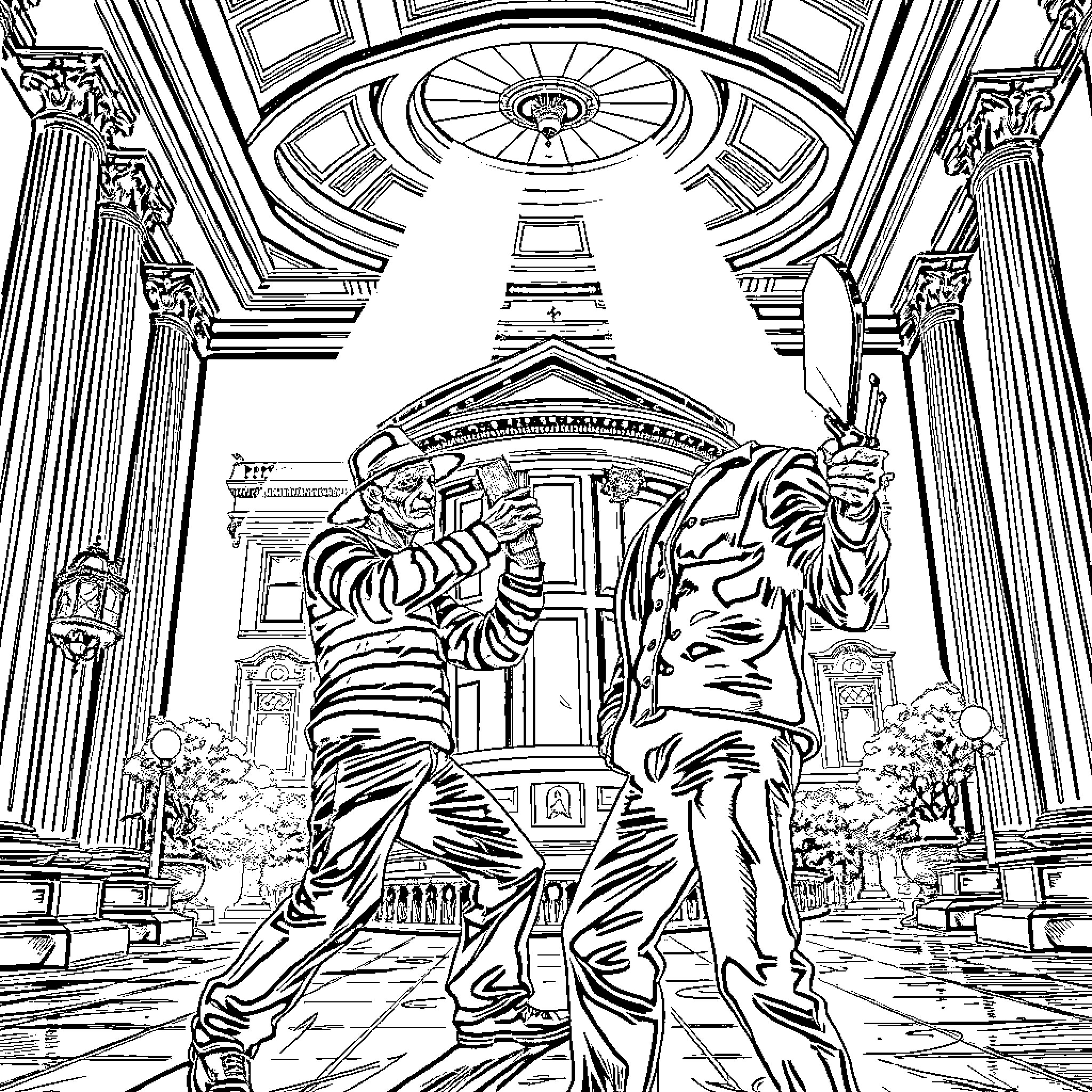 Freddy Krueger in an Ornate Gothic Architectural Scene Coloring Page (free black-and-white line drawing printable PDF for all, from beginners to advanced learners, including children, teens, adults, and seniors)