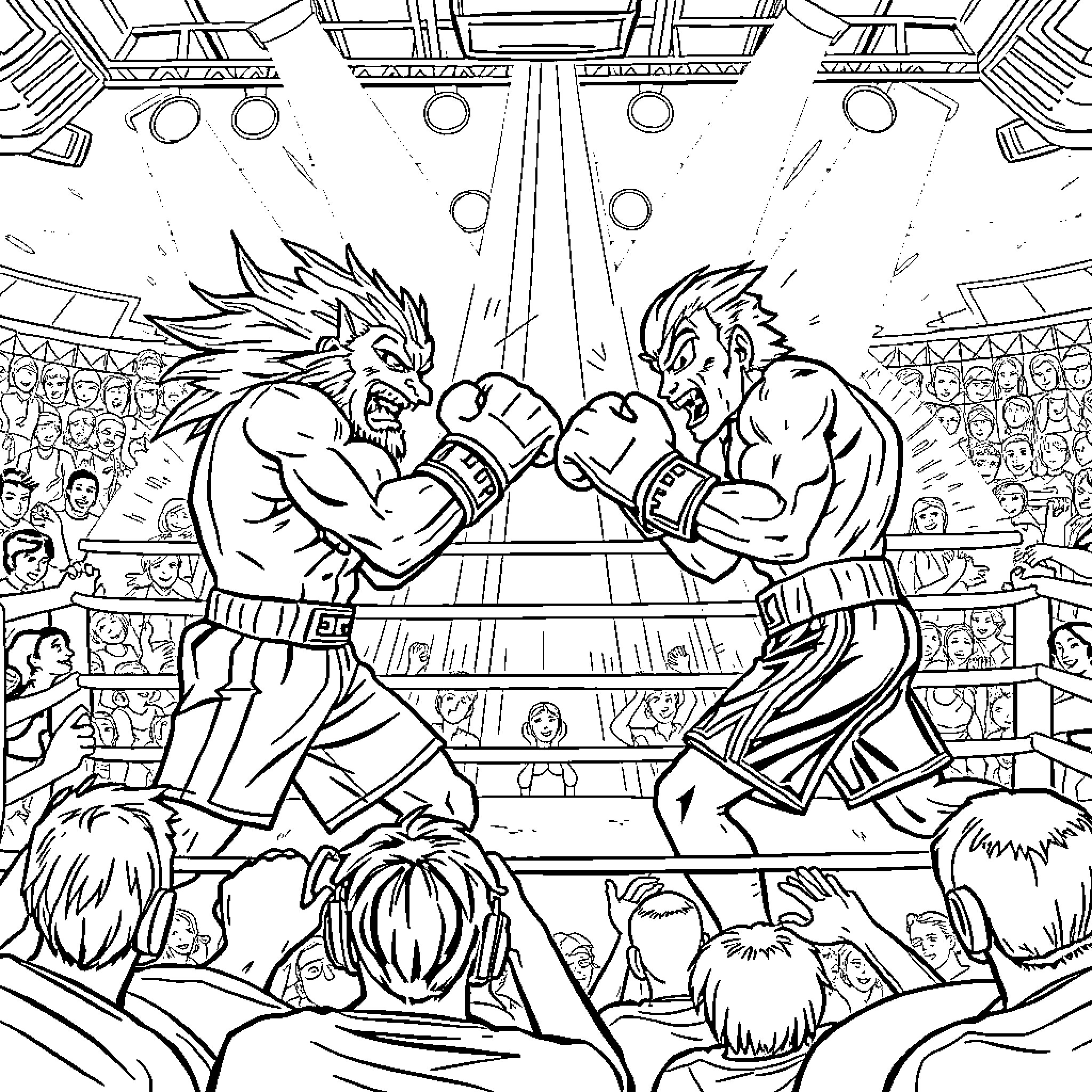 Boxing match between muscular athletes in an arena Coloring Page (free black-and-white line drawing printable PDF for all, from beginners to advanced learners, including children, teens, adults, and seniors)