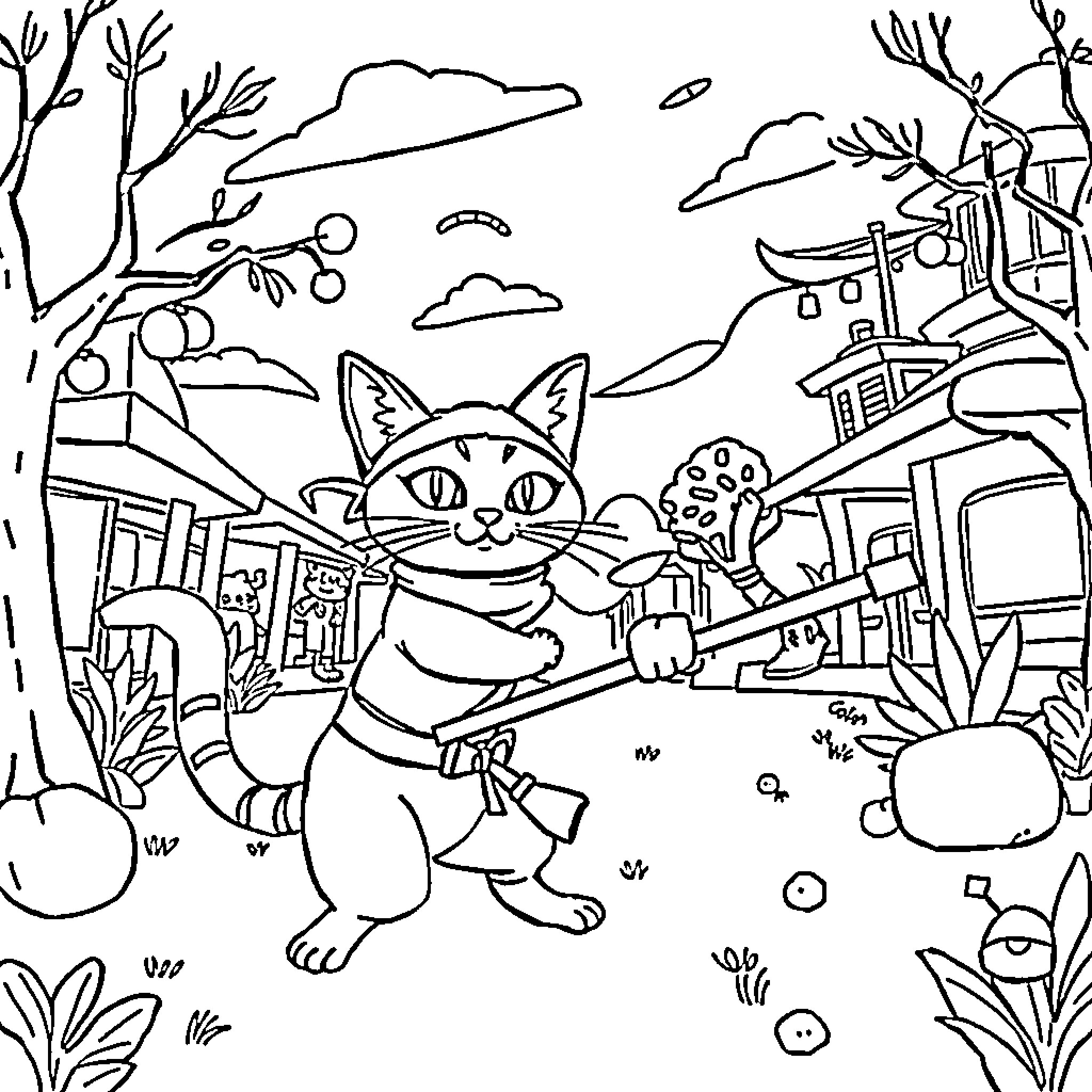 Pete the Cat exploring the enchanting neighborhood Coloring Page (free black-and-white line drawing printable PDF for all, from beginners to advanced learners, including children, teens, adults, and seniors)