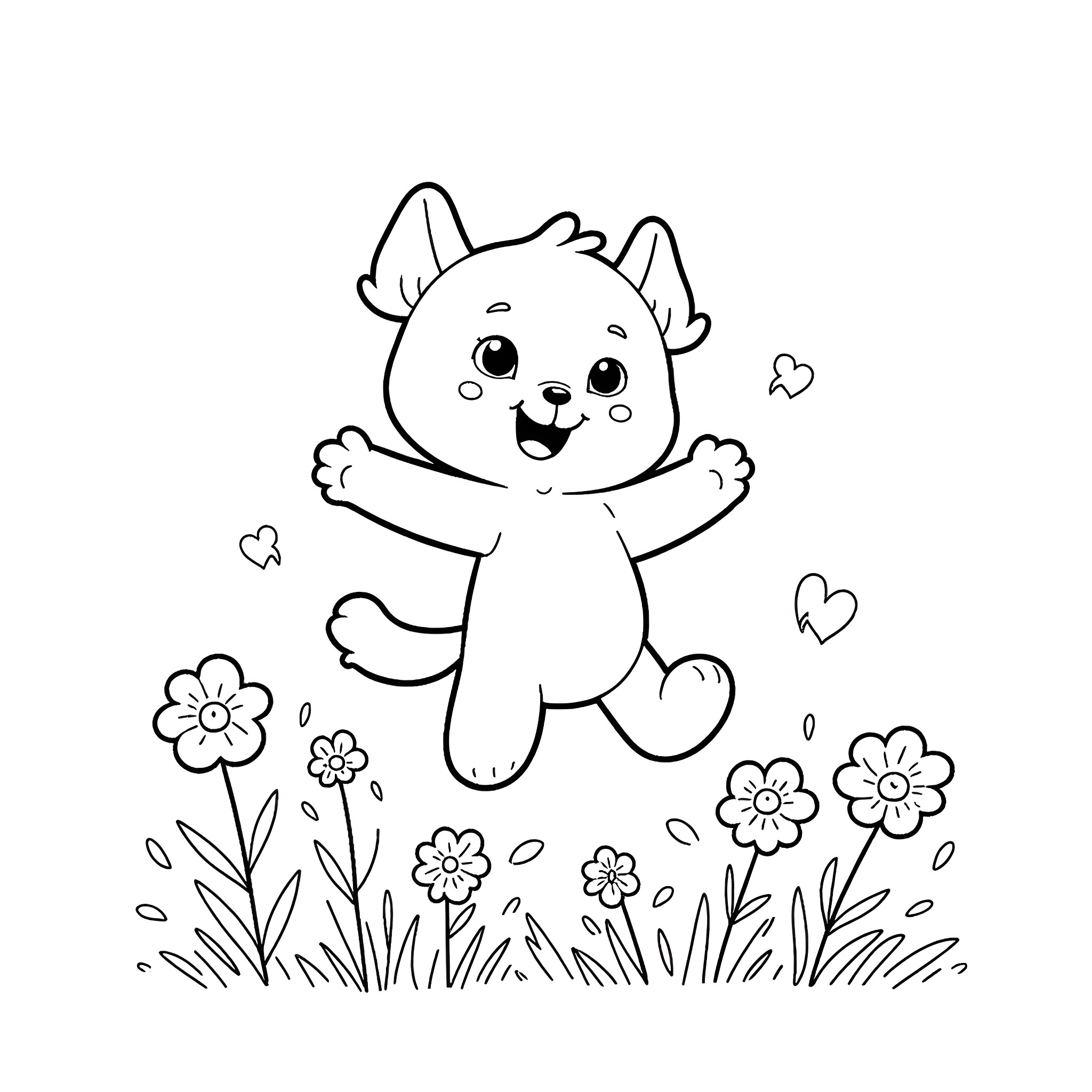 Labubu's joyful dance in the flower field Coloring Page (free black-and-white line drawing printable PDF for all, from beginners to advanced learners, including children, teens, adults, and seniors)