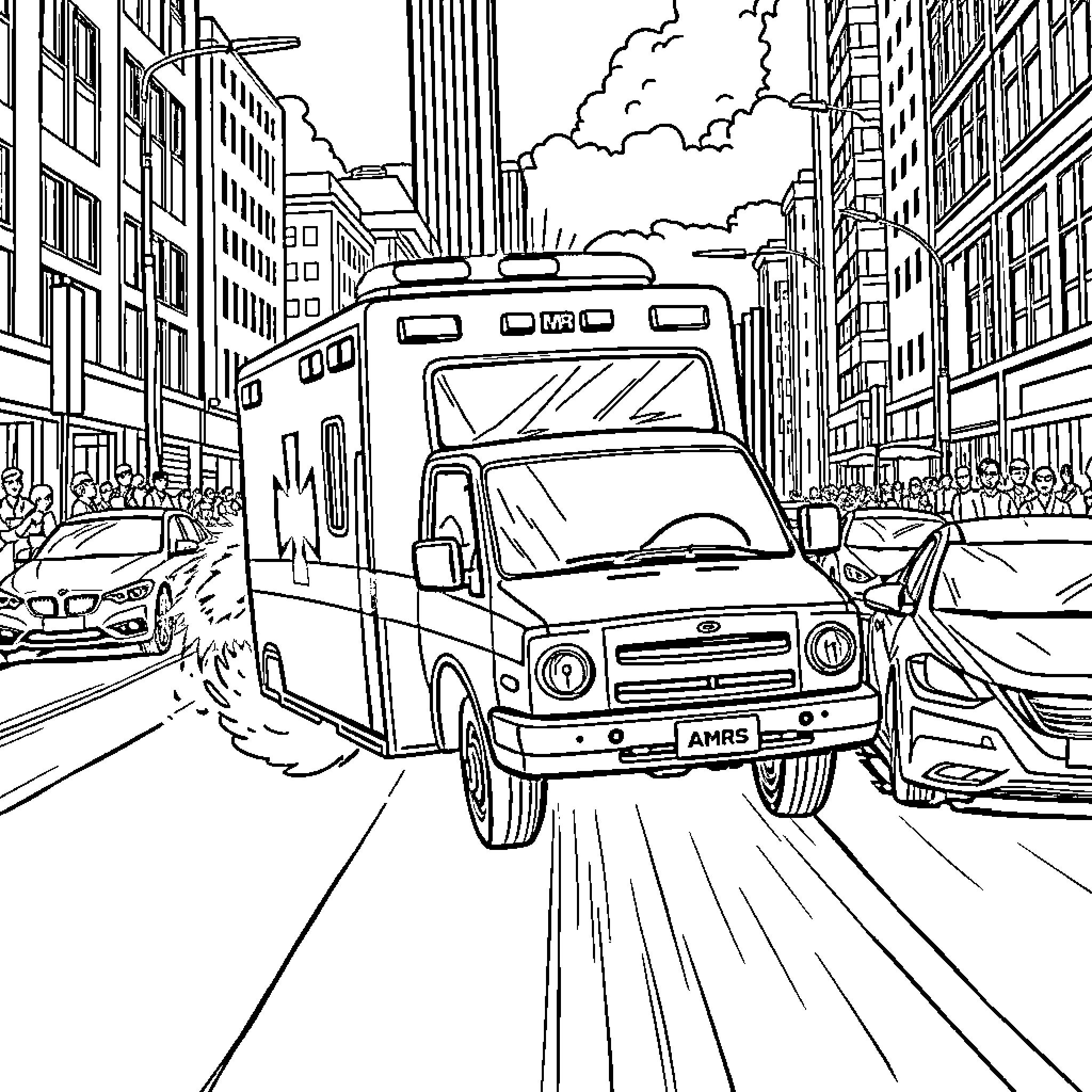 Ambulance rushing through a crowded city street Coloring Page (free black-and-white line drawing printable PDF for all, from beginners to advanced learners, including children, teens, adults, and seniors)