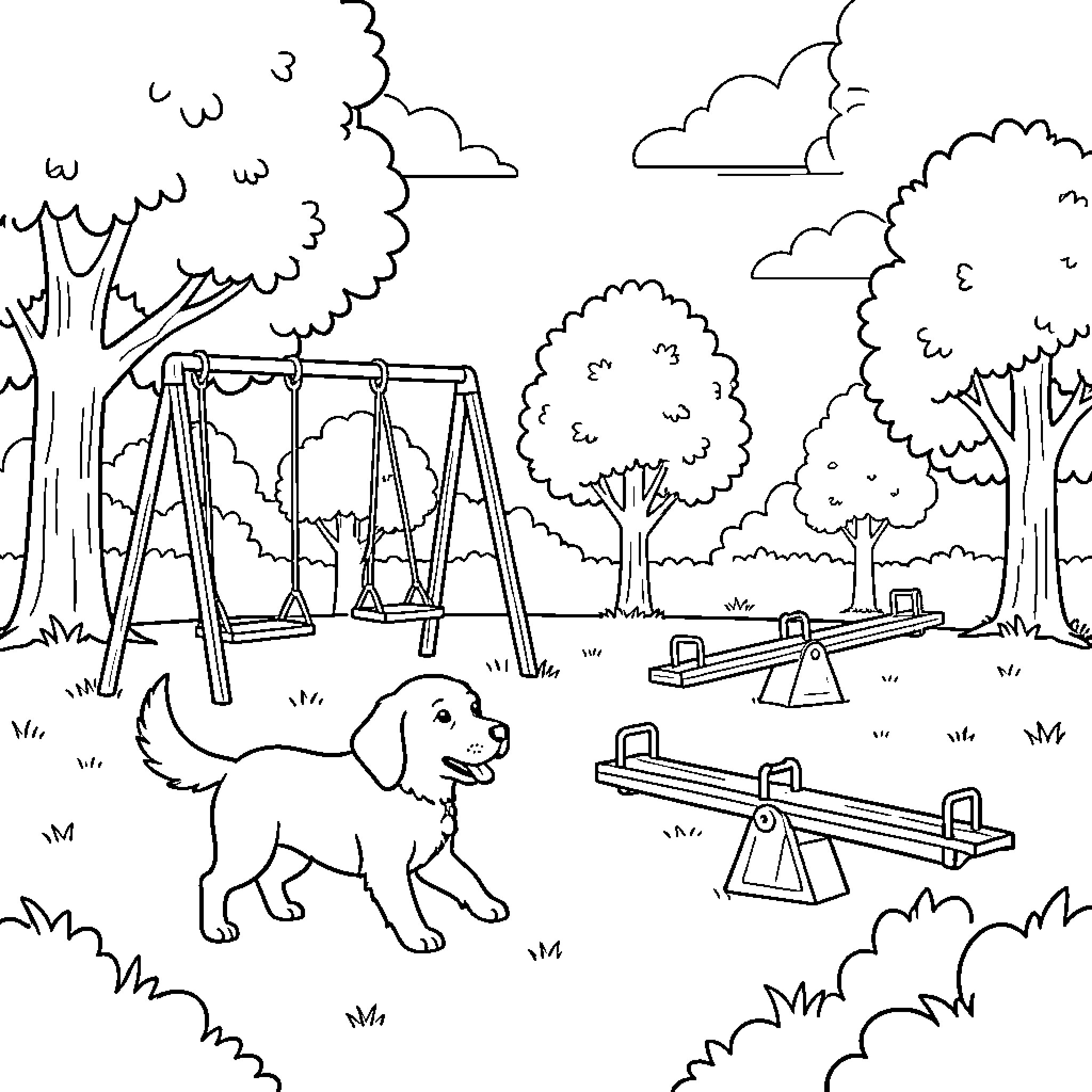 Perro playing joyfully in a playground with swings Coloring Page (free black-and-white line drawing printable PDF for all, from beginners to advanced learners, including children, teens, adults, and seniors)