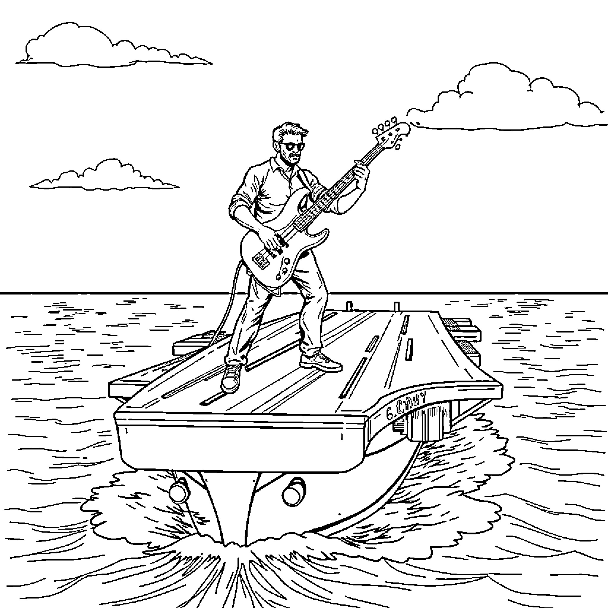 Bass Player performing on a floating stage Coloring Page (free black-and-white line drawing printable PDF for all, from beginners to advanced learners, including children, teens, adults, and seniors)