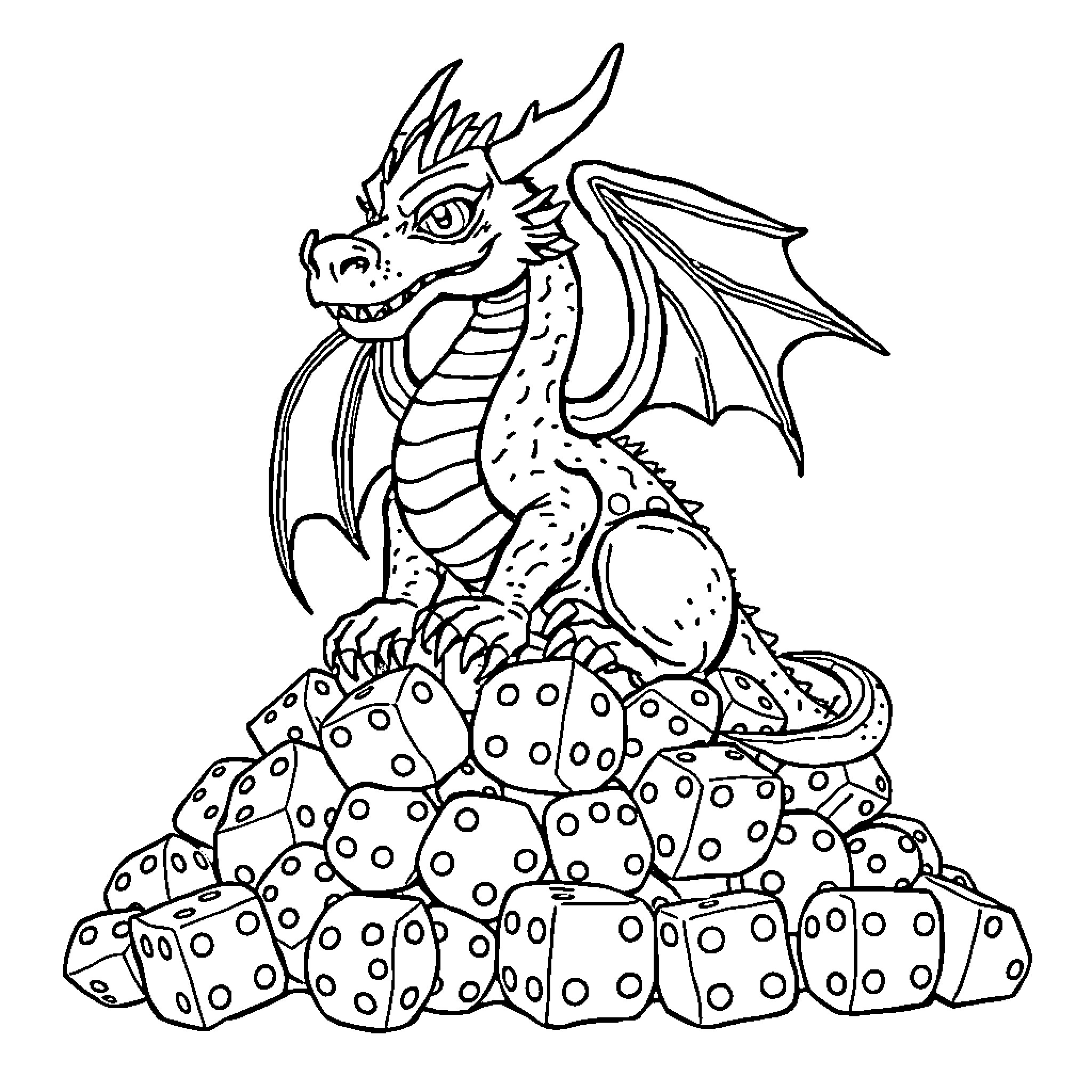 Dragon guarding a pile of dice Coloring Page (free black-and-white line drawing printable PDF for all, from beginners to advanced learners, including children, teens, adults, and seniors)