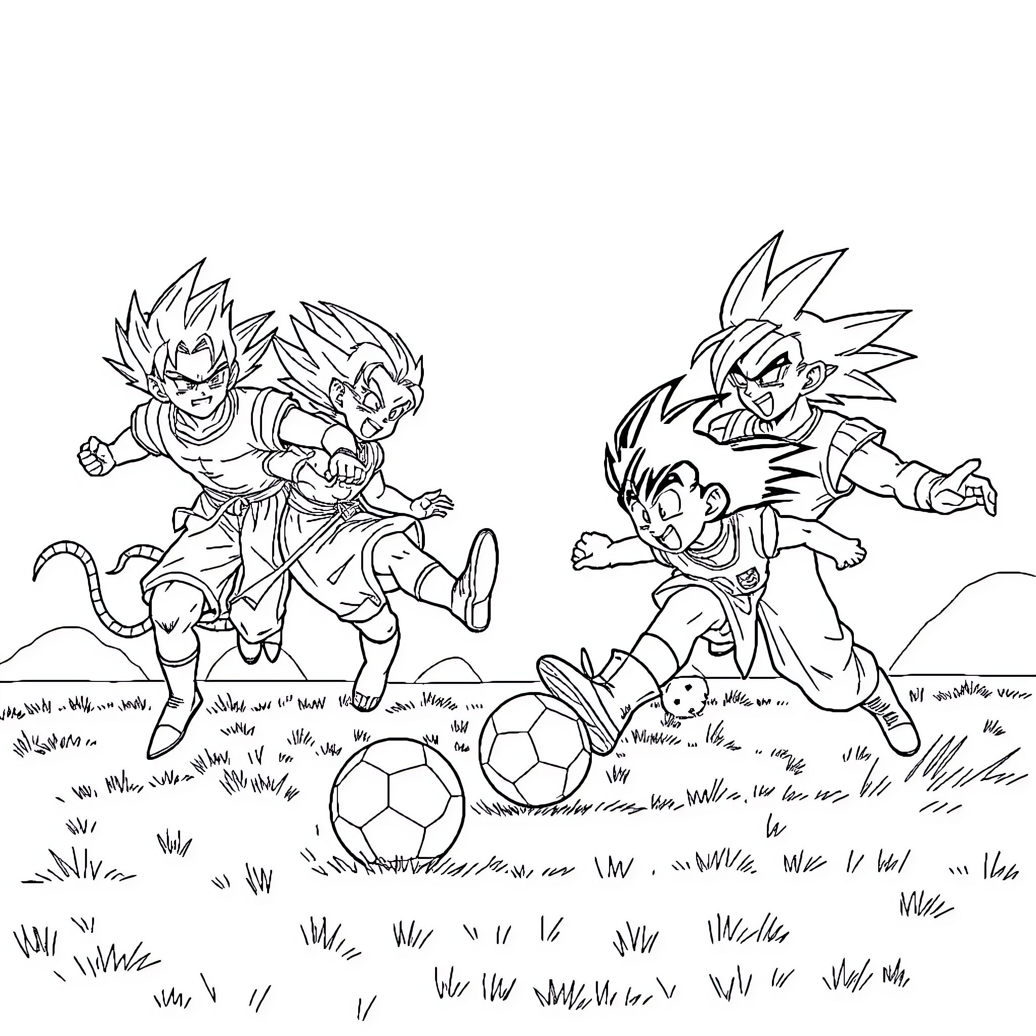 Dragon Ball Z Characters Playing Soccer in Grassy Field Coloring Page (free black-and-white line drawing printable PDF for all, from beginners to advanced learners, including children, teens, adults, and seniors)