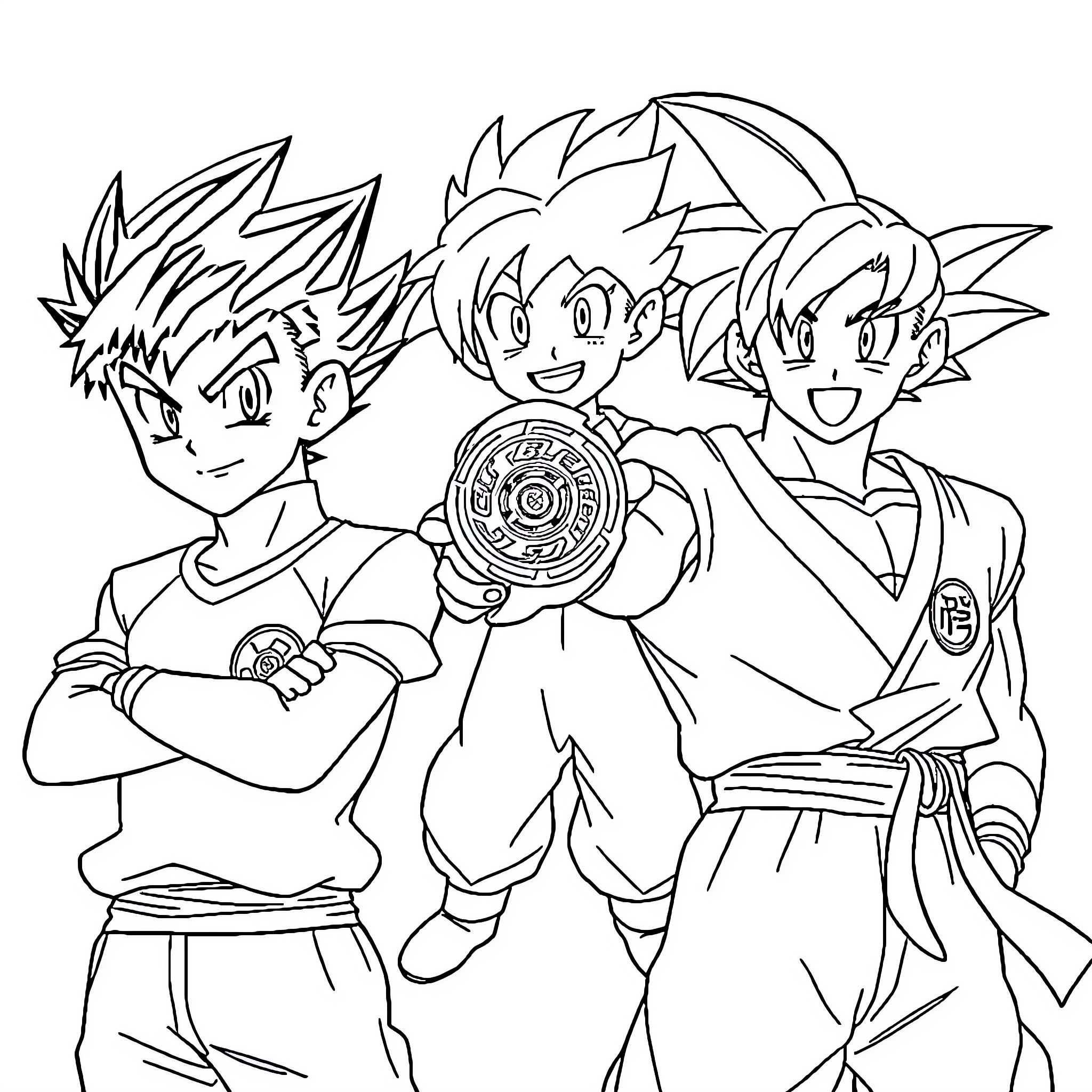 Character Trio of Anime Heroes in Action Poses Coloring Page (free black-and-white line drawing printable PDF for all, from beginners to advanced learners, including children, teens, adults, and seniors)