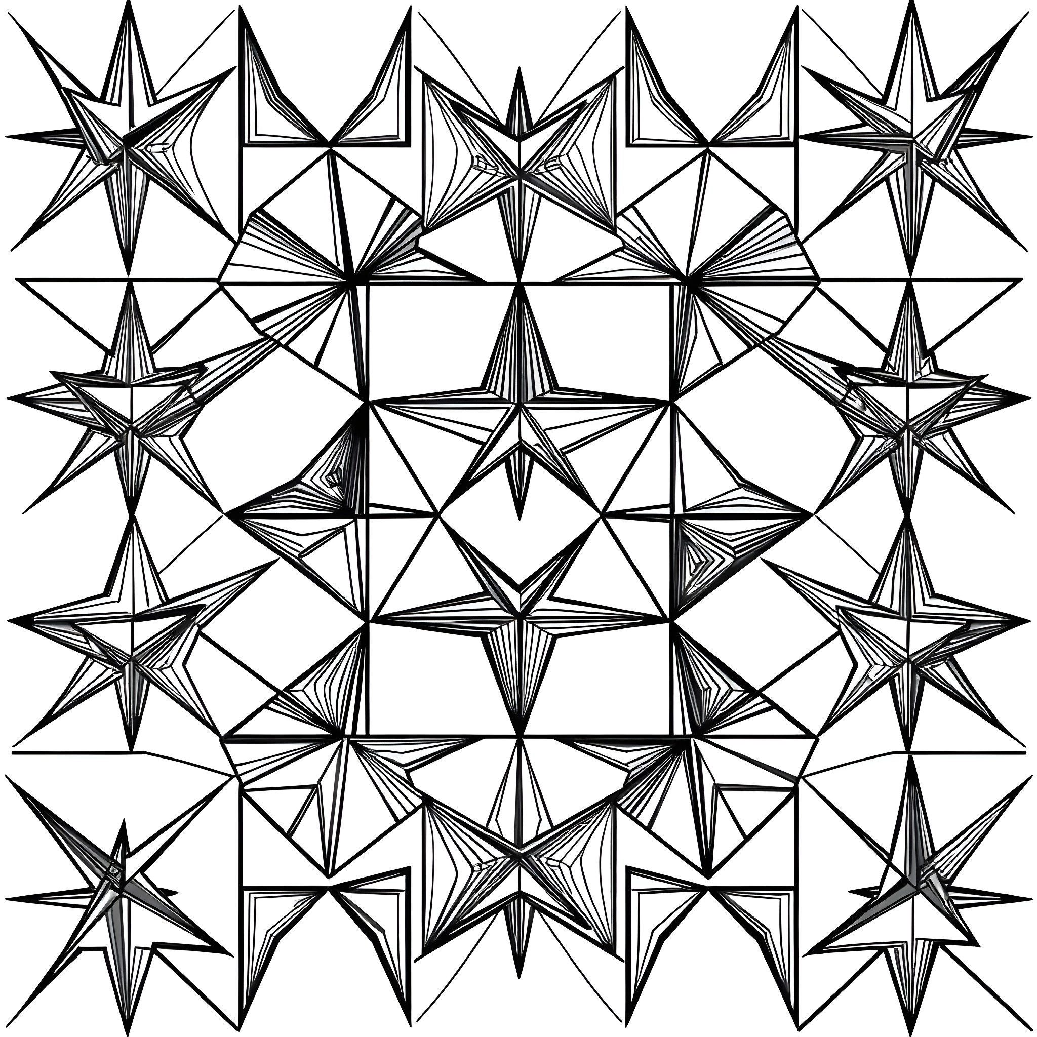 Tetris-inspired abstract star patterns Coloring Page (free black-and-white line drawing printable PDF for all, from beginners to advanced learners, including children, teens, adults, and seniors)