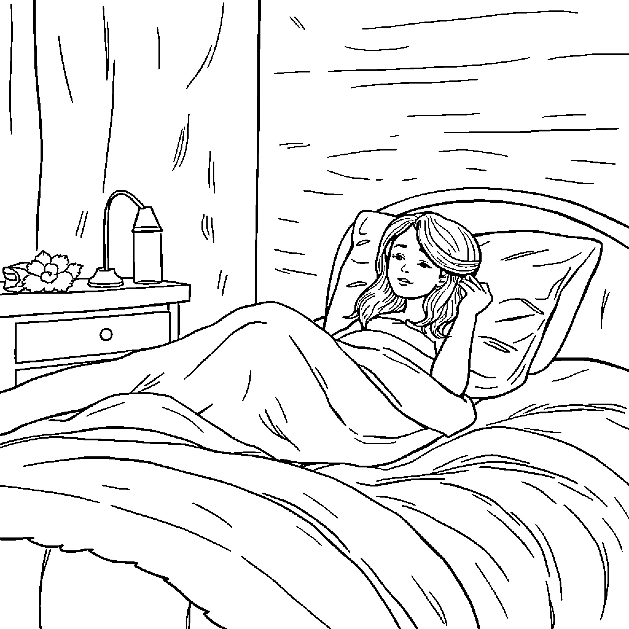 Jenna Ortega relaxing in bed with thoughtful expression Coloring Page (free black-and-white line drawing printable PDF for all, from beginners to advanced learners, including children, teens, adults, and seniors)