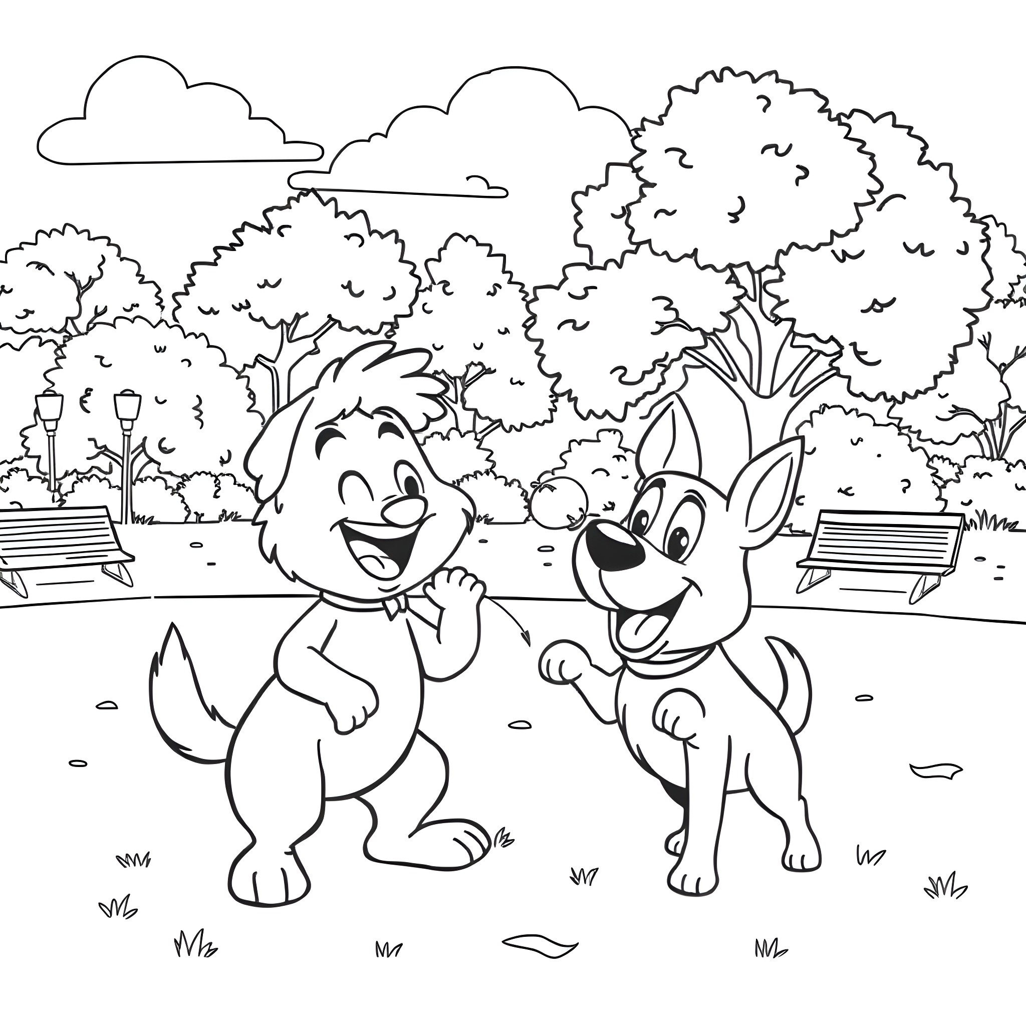 Dog and puppy playing in the park Coloring Page (free black-and-white line drawing printable PDF for all, from beginners to advanced learners, including children, teens, adults, and seniors)