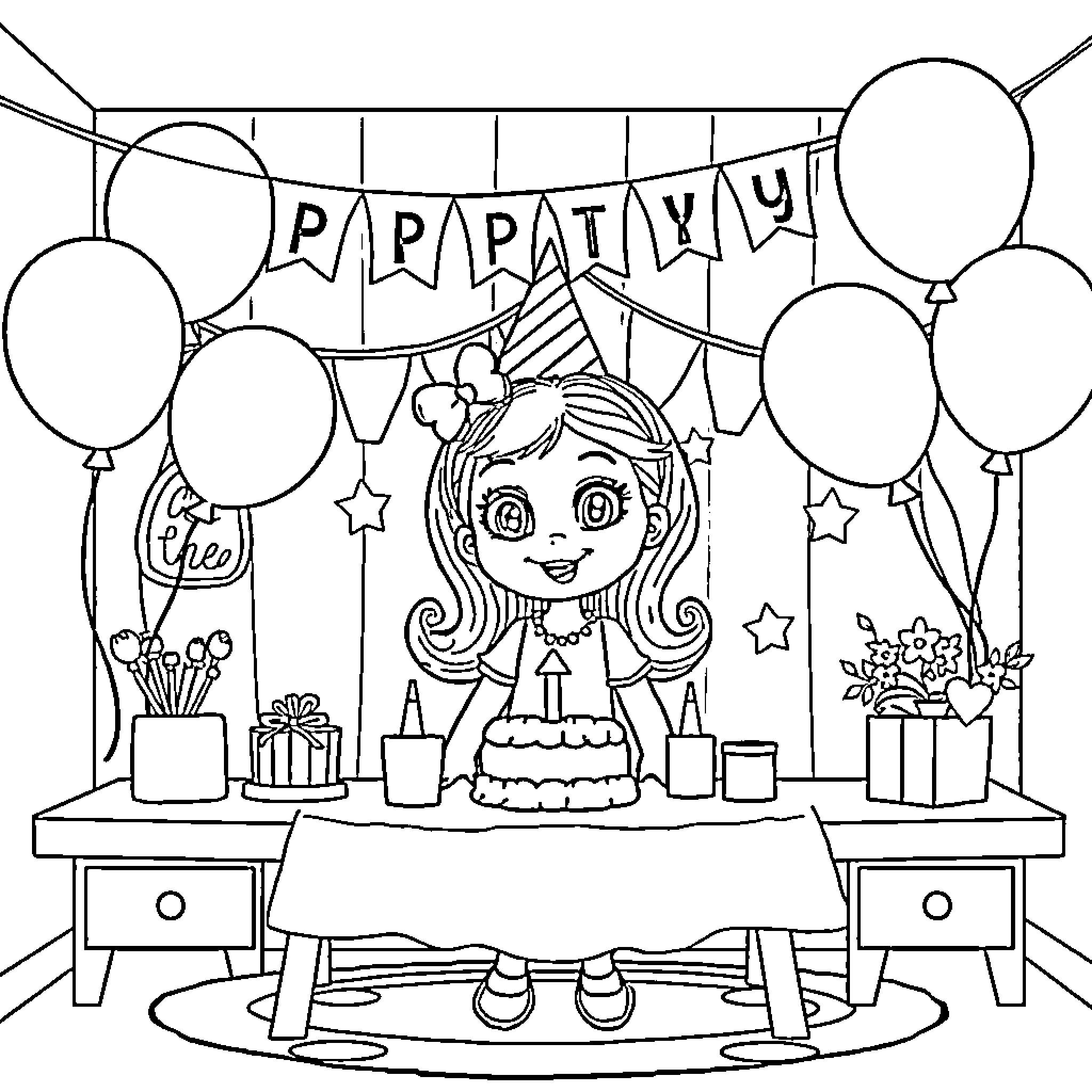 Gabby's Birthday Party Celebration Coloring Page (free black-and-white line drawing printable PDF for all, from beginners to advanced learners, including children, teens, adults, and seniors)