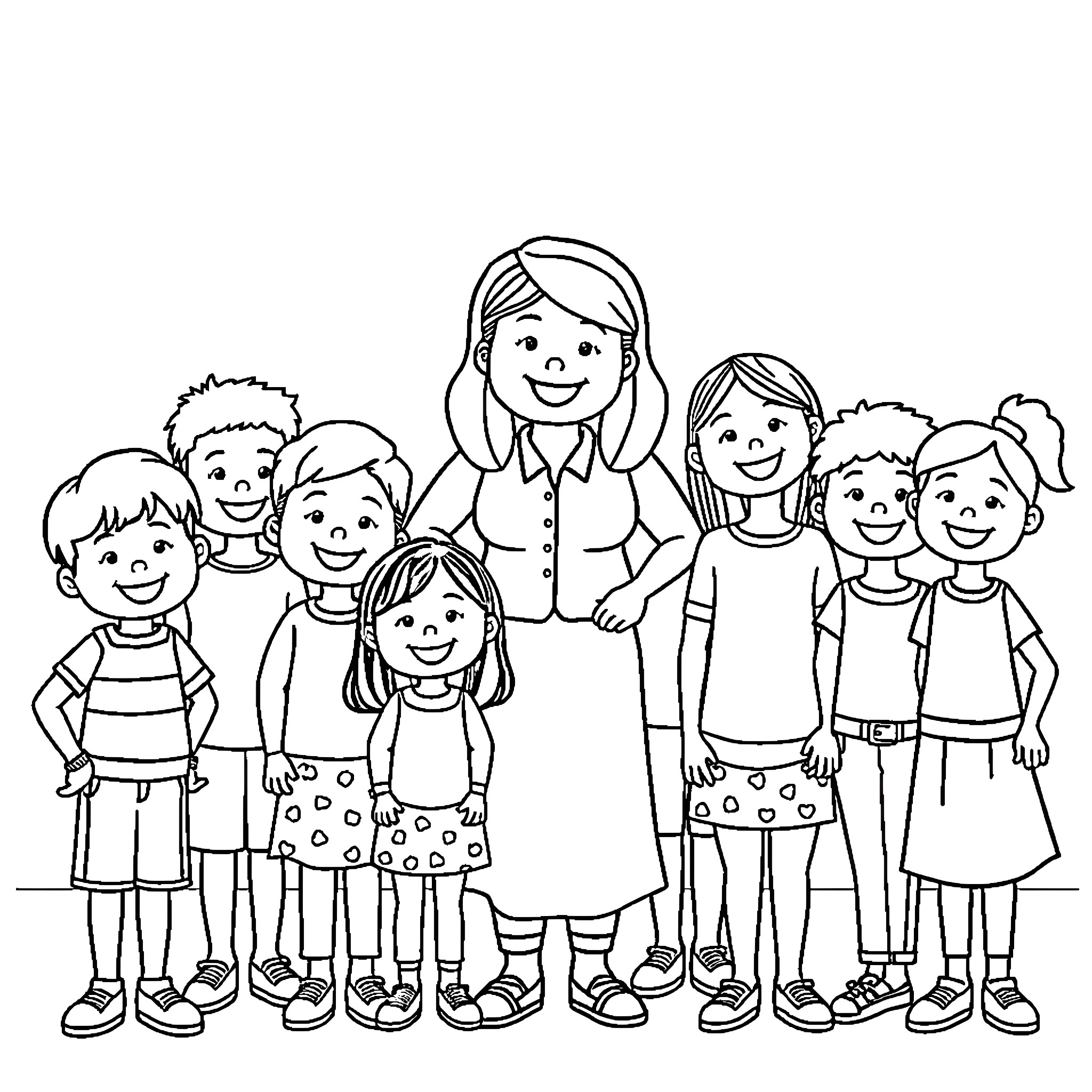 Student teacher surrounded by happy children Coloring Page (free black-and-white line drawing printable PDF for all, from beginners to advanced learners, including children, teens, adults, and seniors)