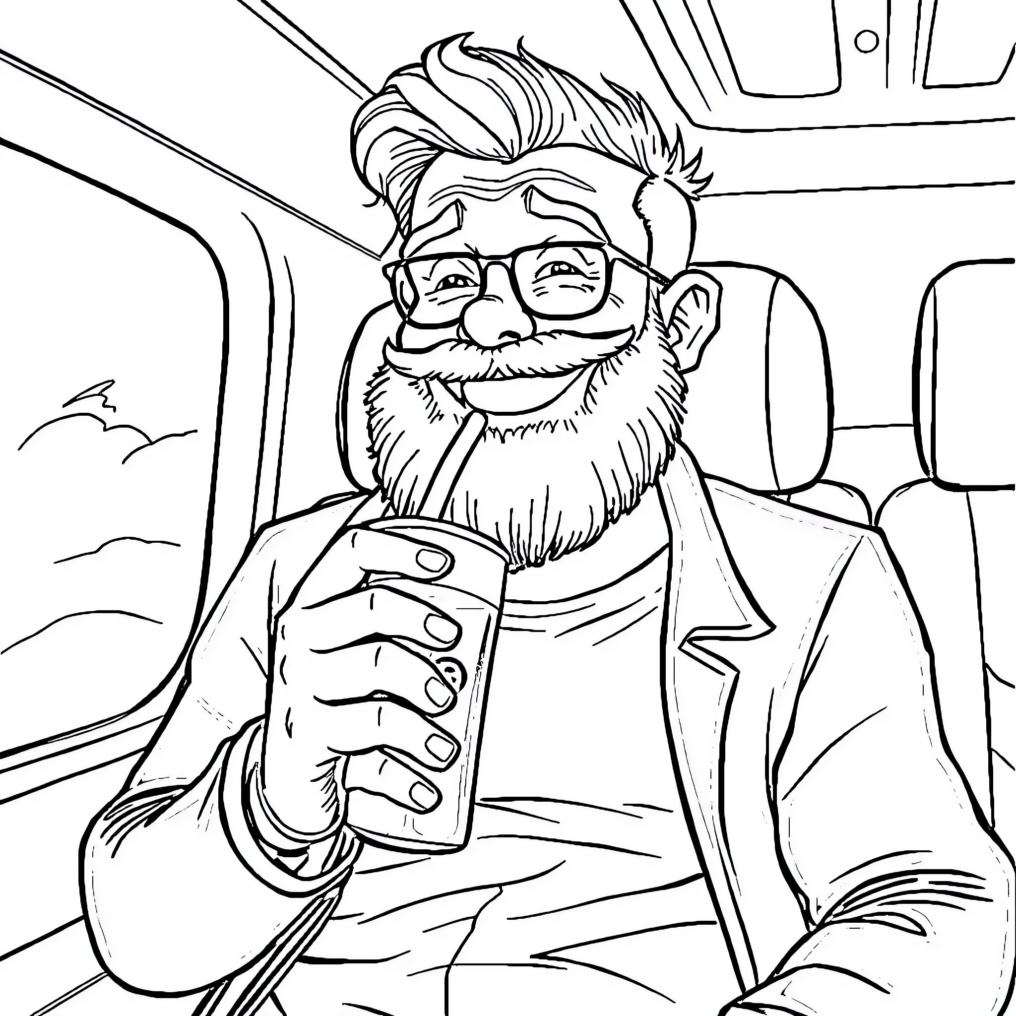 Barbu driving with a friendly smile Coloring Page (free black-and-white line drawing printable PDF for all, from beginners to advanced learners, including children, teens, adults, and seniors)