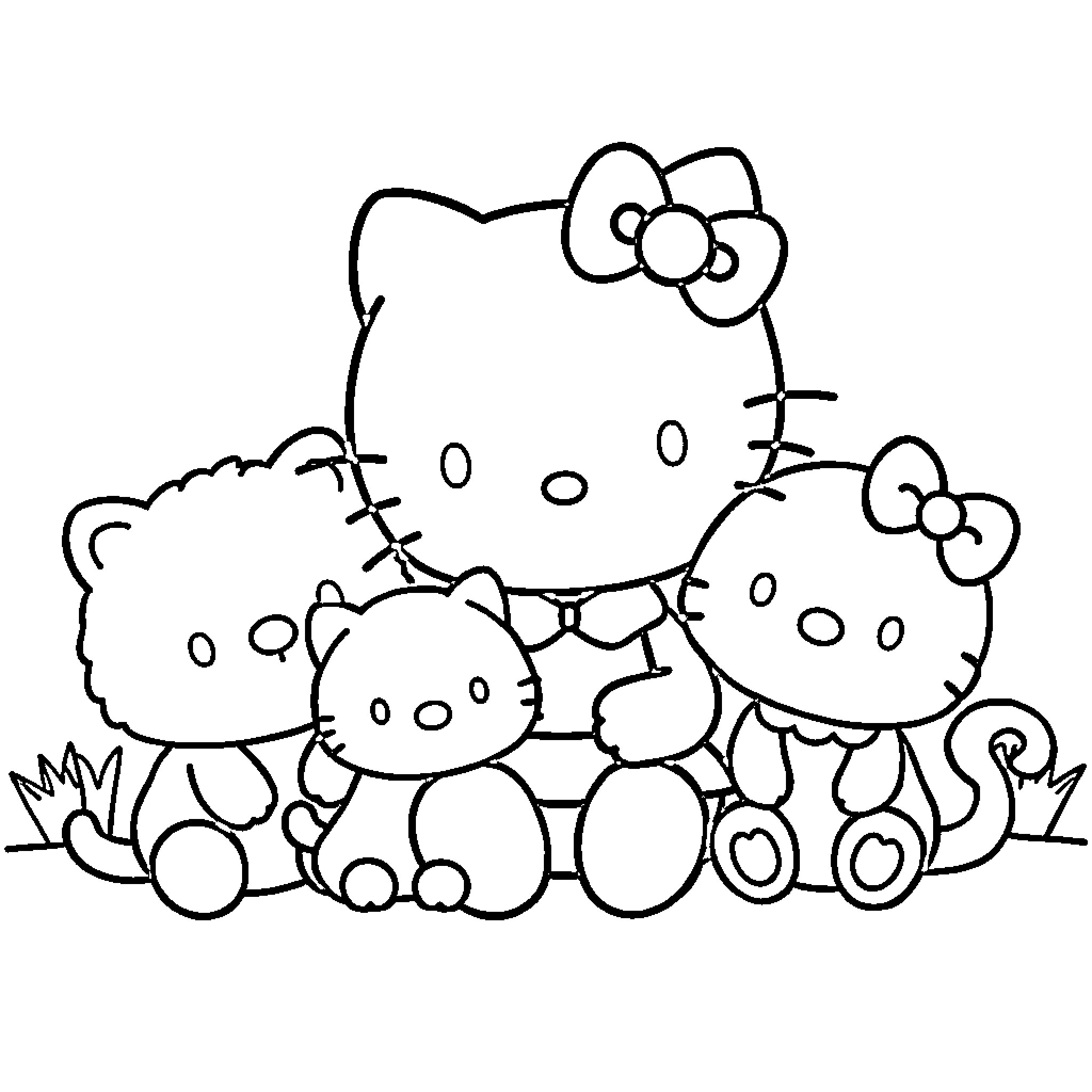 Hello Kitty and friends playing together Coloring Page (free black-and-white line drawing printable PDF for all, from beginners to advanced learners, including children, teens, adults, and seniors)