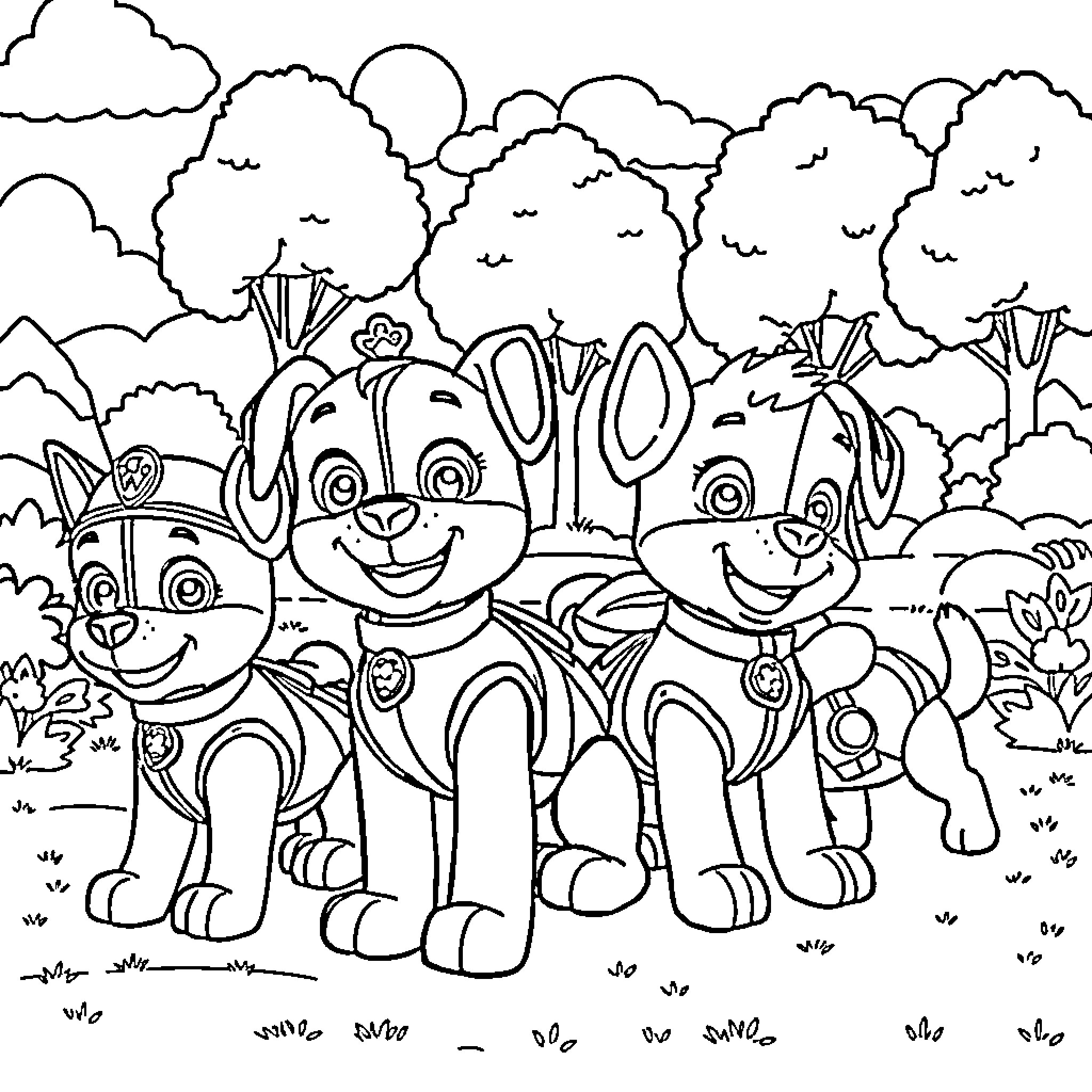 Paw Patrol pups exploring the forest Coloring Page (free black-and-white line drawing printable PDF for all, from beginners to advanced learners, including children, teens, adults, and seniors)