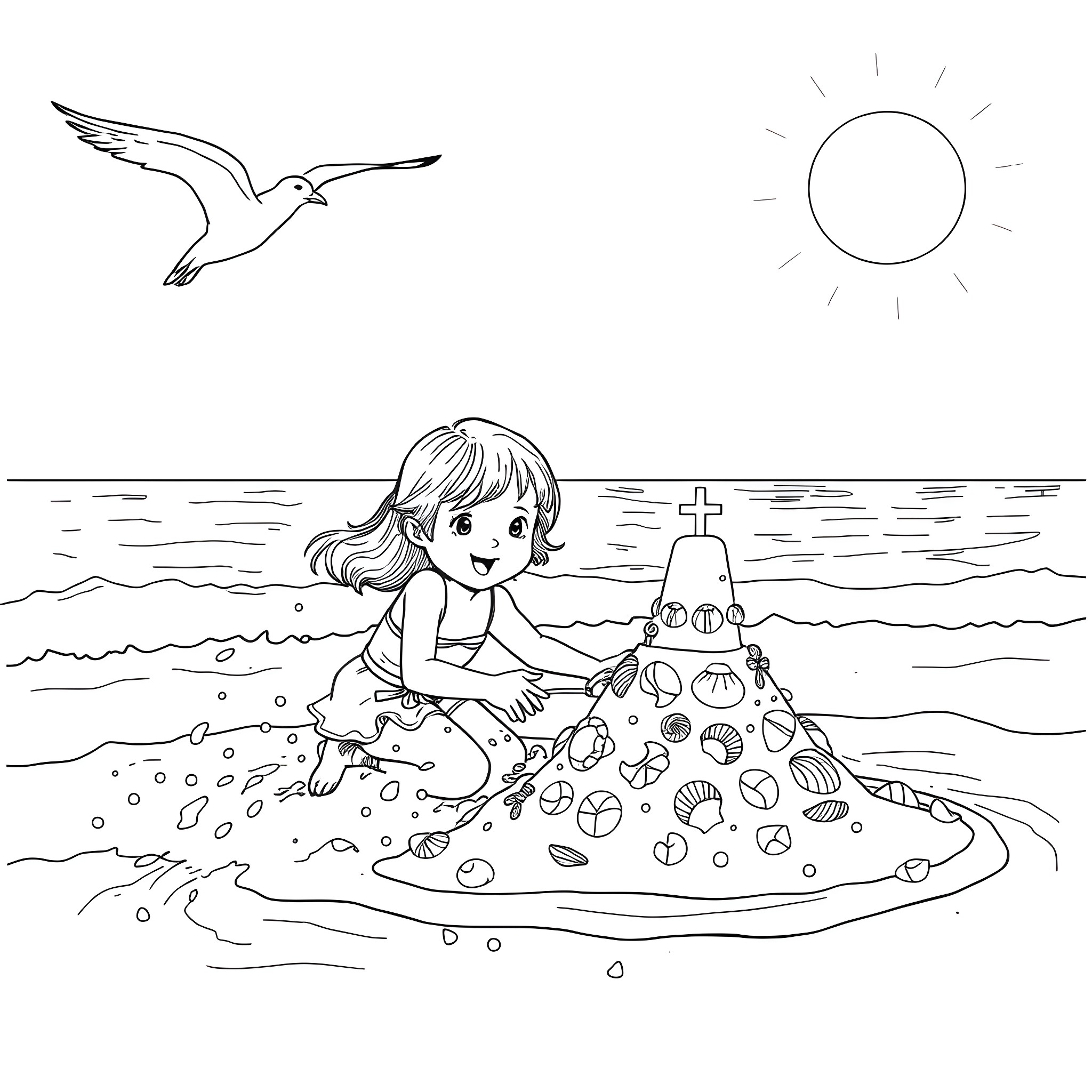 Girl enjoying sea shells on the beach Coloring Page (free black-and-white line drawing printable PDF for all, from beginners to advanced learners, including children, teens, adults, and seniors)