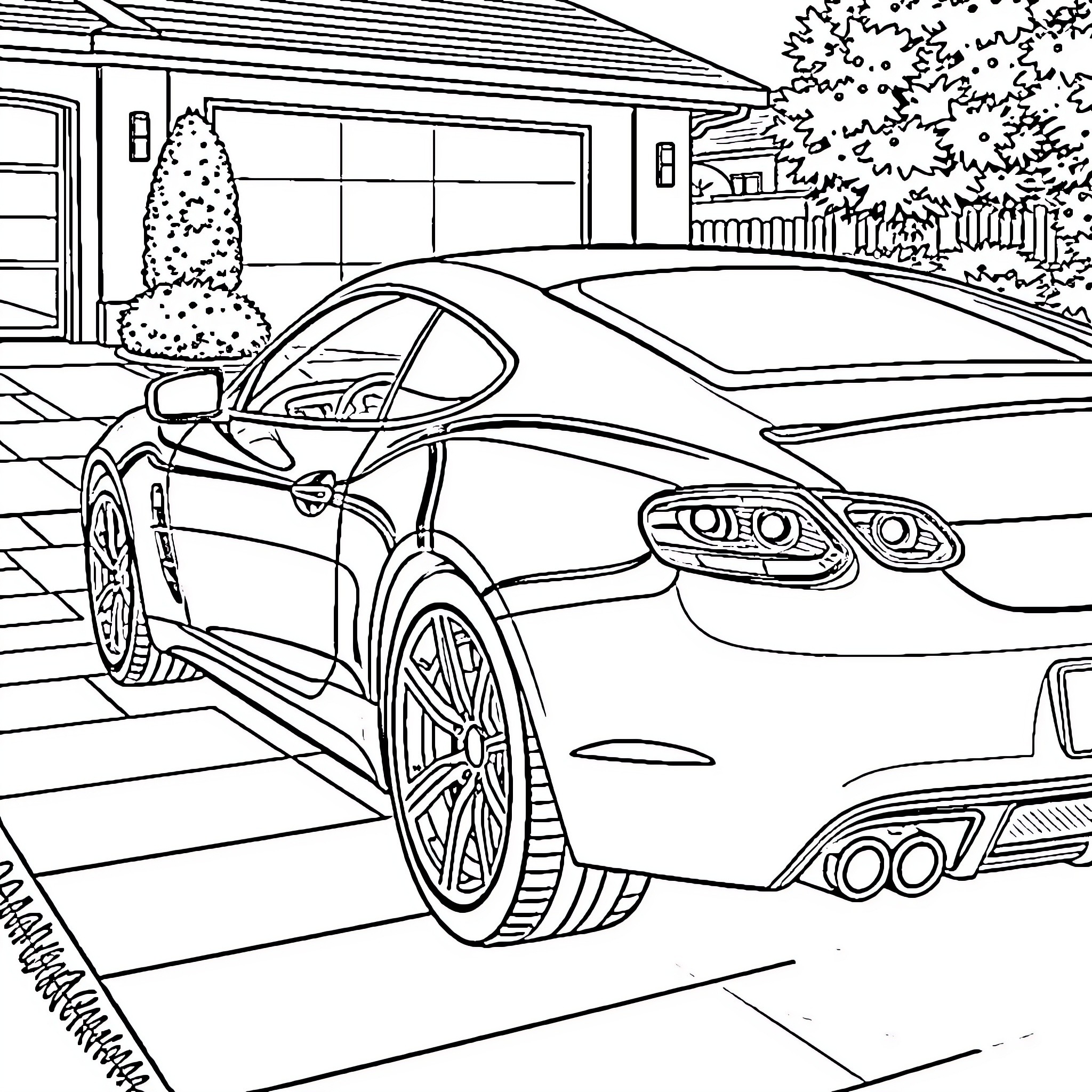 Car parked in front of a house with a tree Coloring Page (free black-and-white line drawing printable PDF for all, from beginners to advanced learners, including children, teens, adults, and seniors)