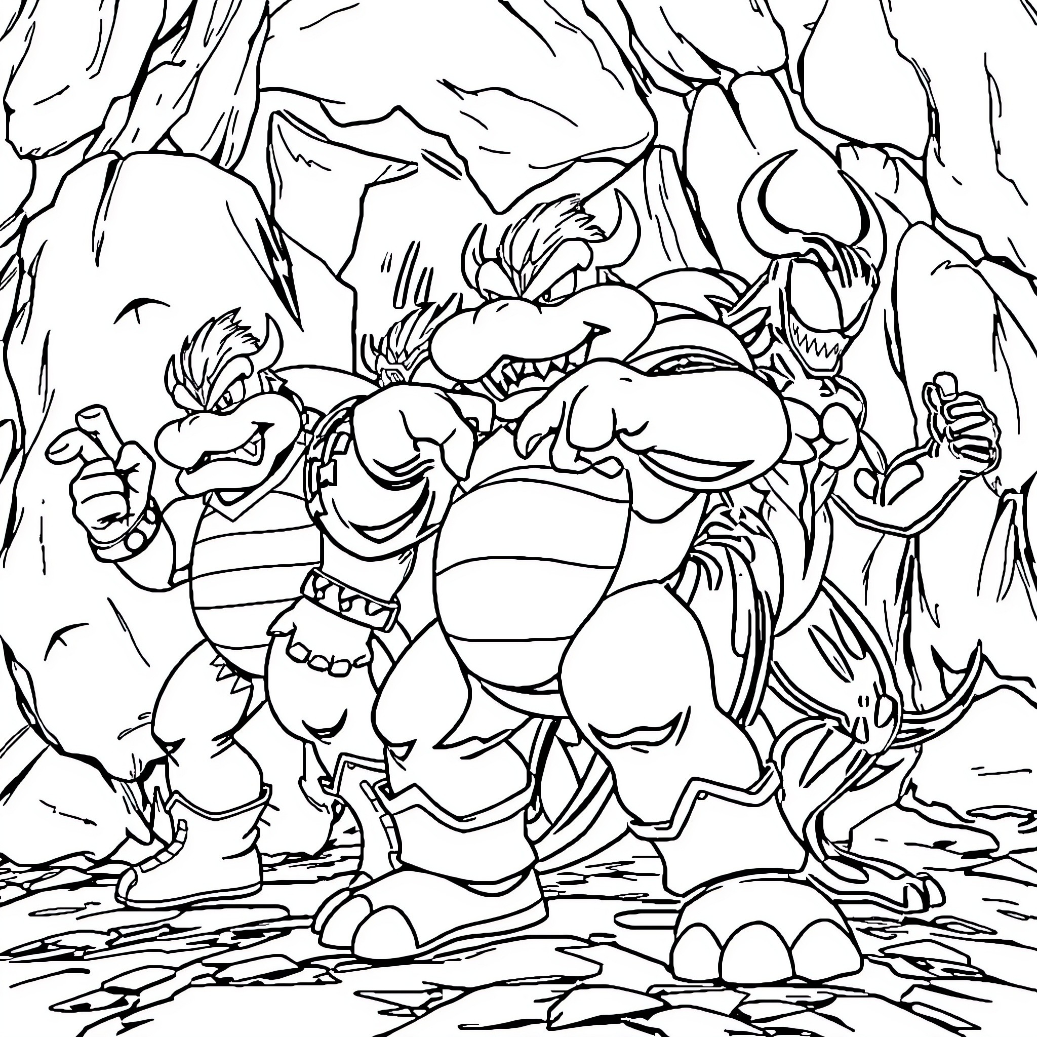 Bowser's Fierce Confrontation in the Rugged Landscape Coloring Page (free black-and-white line drawing printable PDF for all, from beginners to advanced learners, including children, teens, adults, and seniors)