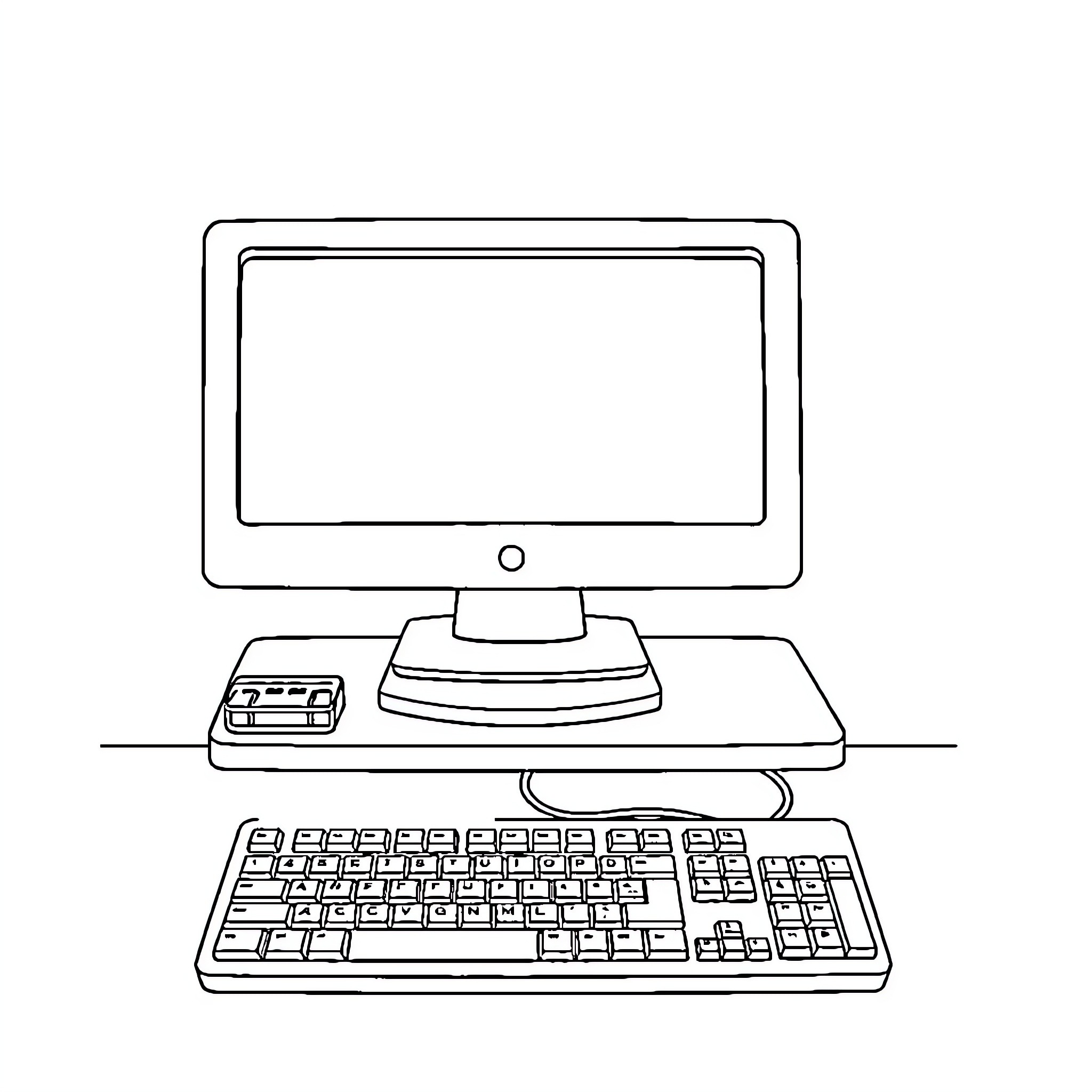 Computer workstation with keyboard and monitor Coloring Page (free black-and-white line drawing printable PDF for all, from beginners to advanced learners, including children, teens, adults, and seniors)