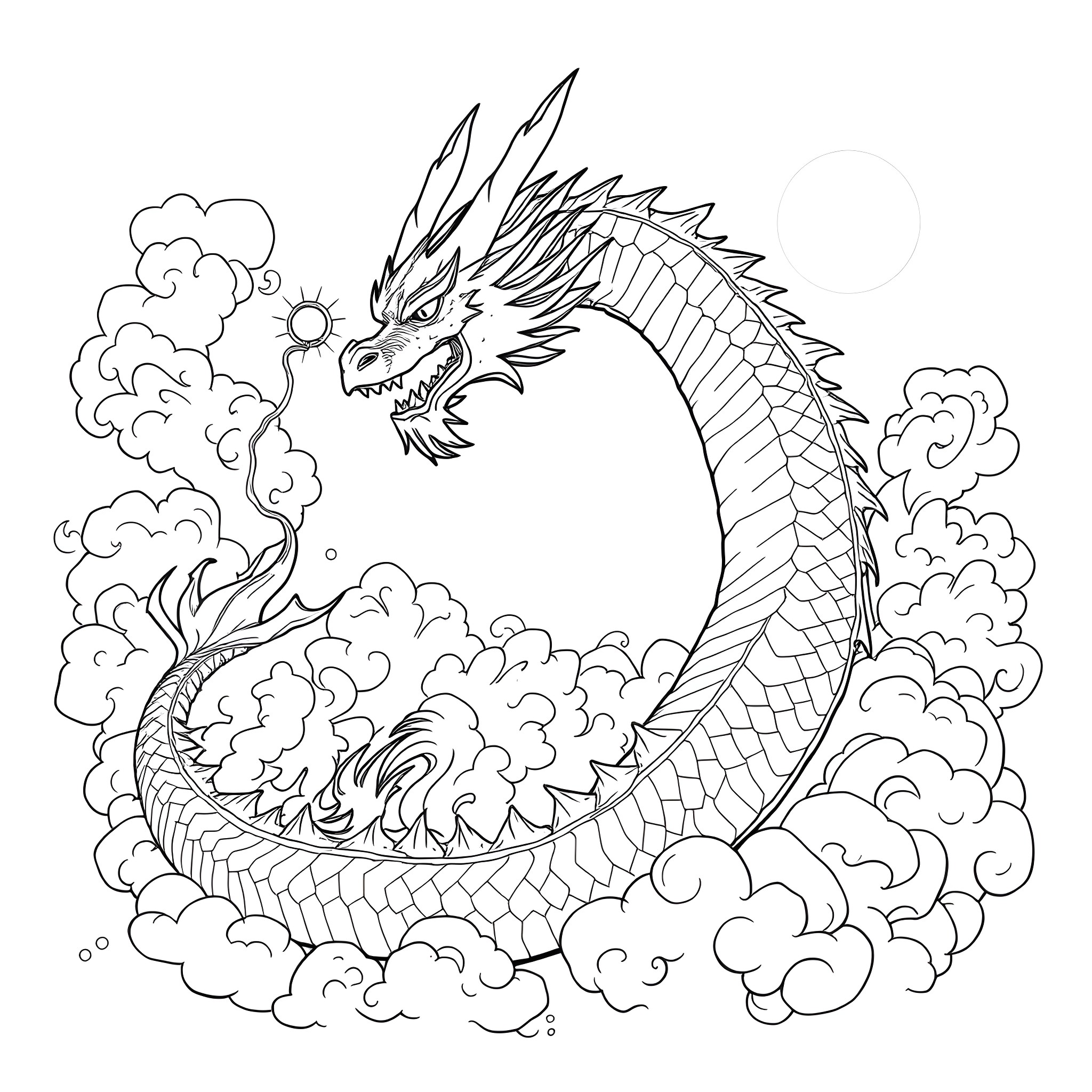 Shenron dragon soaring amidst clouds Coloring Page (free black-and-white line drawing printable PDF for all, from beginners to advanced learners, including children, teens, adults, and seniors)