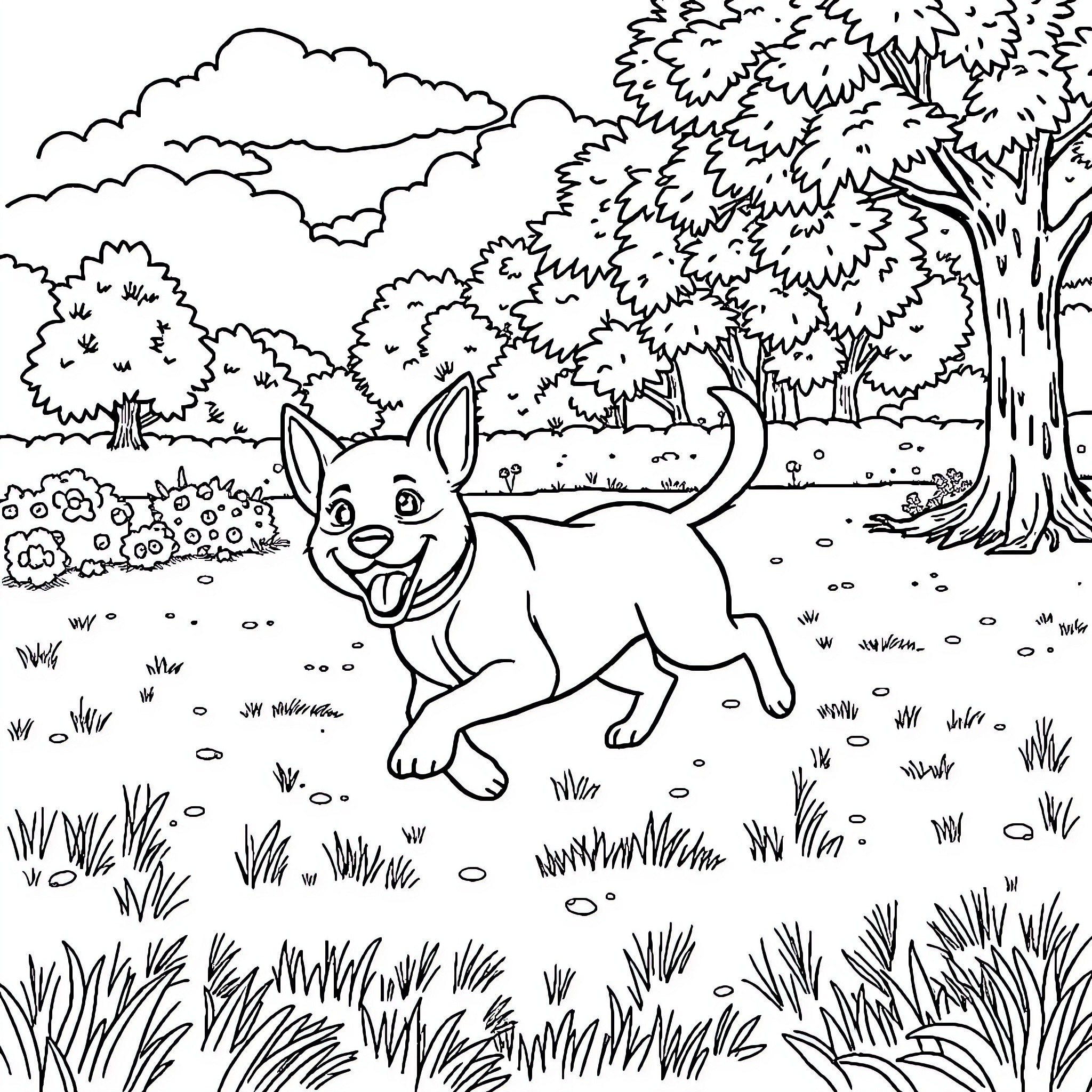 Dog frolicking joyfully in nature Coloring Page (free black-and-white line drawing printable PDF for all, from beginners to advanced learners, including children, teens, adults, and seniors)