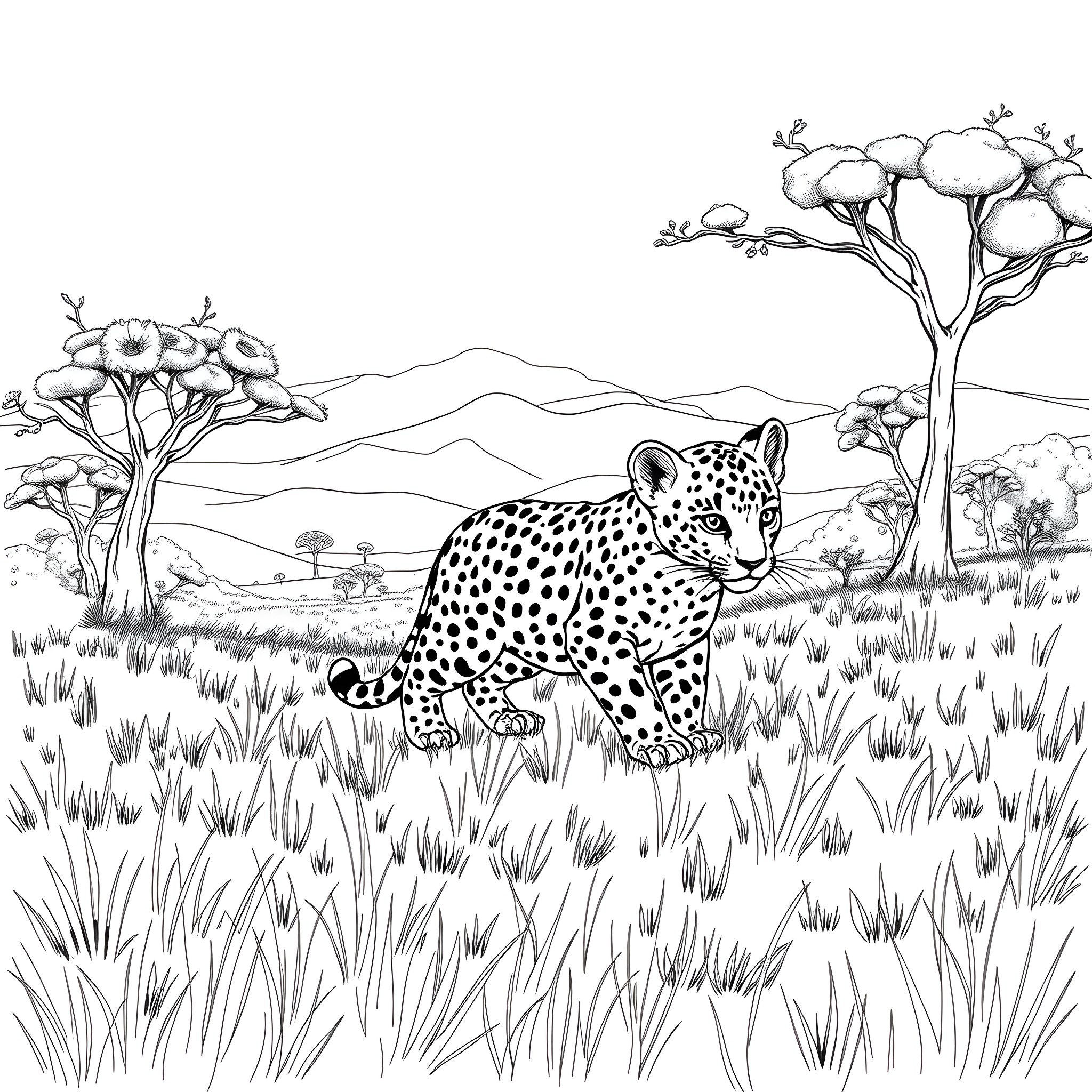 Leopard prowling in the African savanna Coloring Page (free black-and-white line drawing printable PDF for all, from beginners to advanced learners, including children, teens, adults, and seniors)