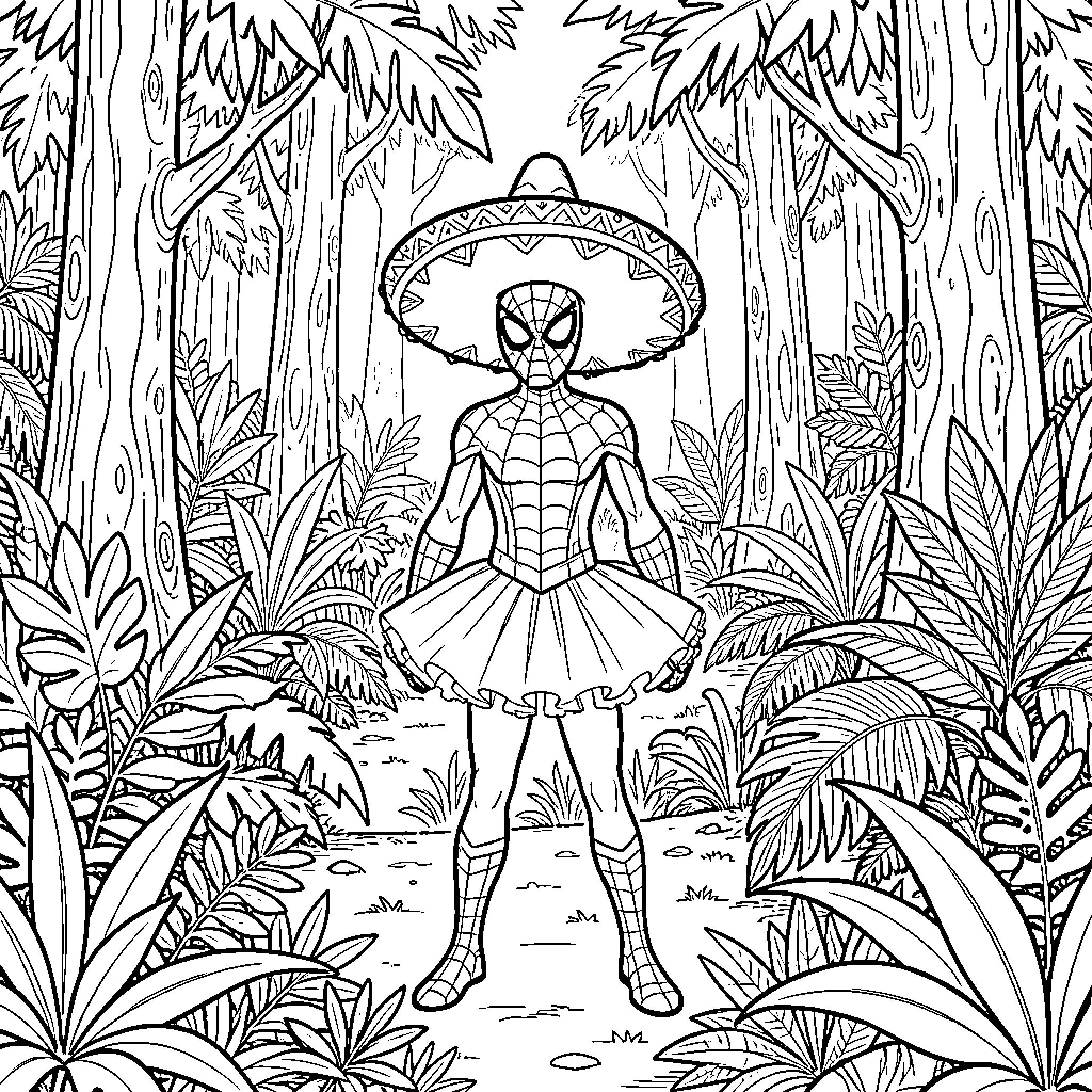 Spiderman wearing a sombrero in a tropical jungle Coloring Page (free black-and-white line drawing printable PDF for all, from beginners to advanced learners, including children, teens, adults, and seniors)