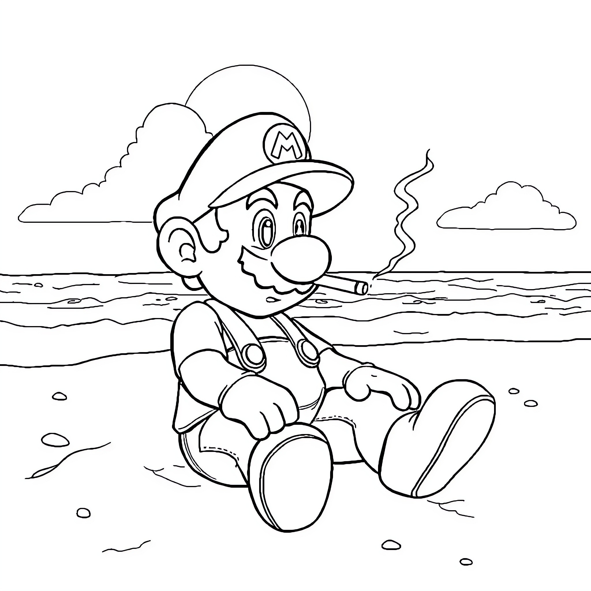 Mario relaxing on the beach Coloring Page (free black-and-white line drawing printable PDF for all, from beginners to advanced learners, including children, teens, adults, and seniors)
