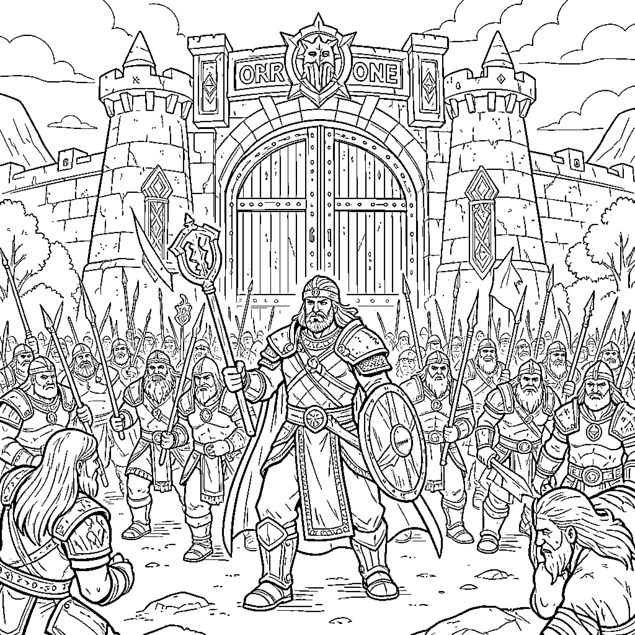 Varian Wrynn leading a crowd through the castle gates Coloring Page (free black-and-white line drawing printable PDF for all, from beginners to advanced learners, including children, teens, adults, and seniors)