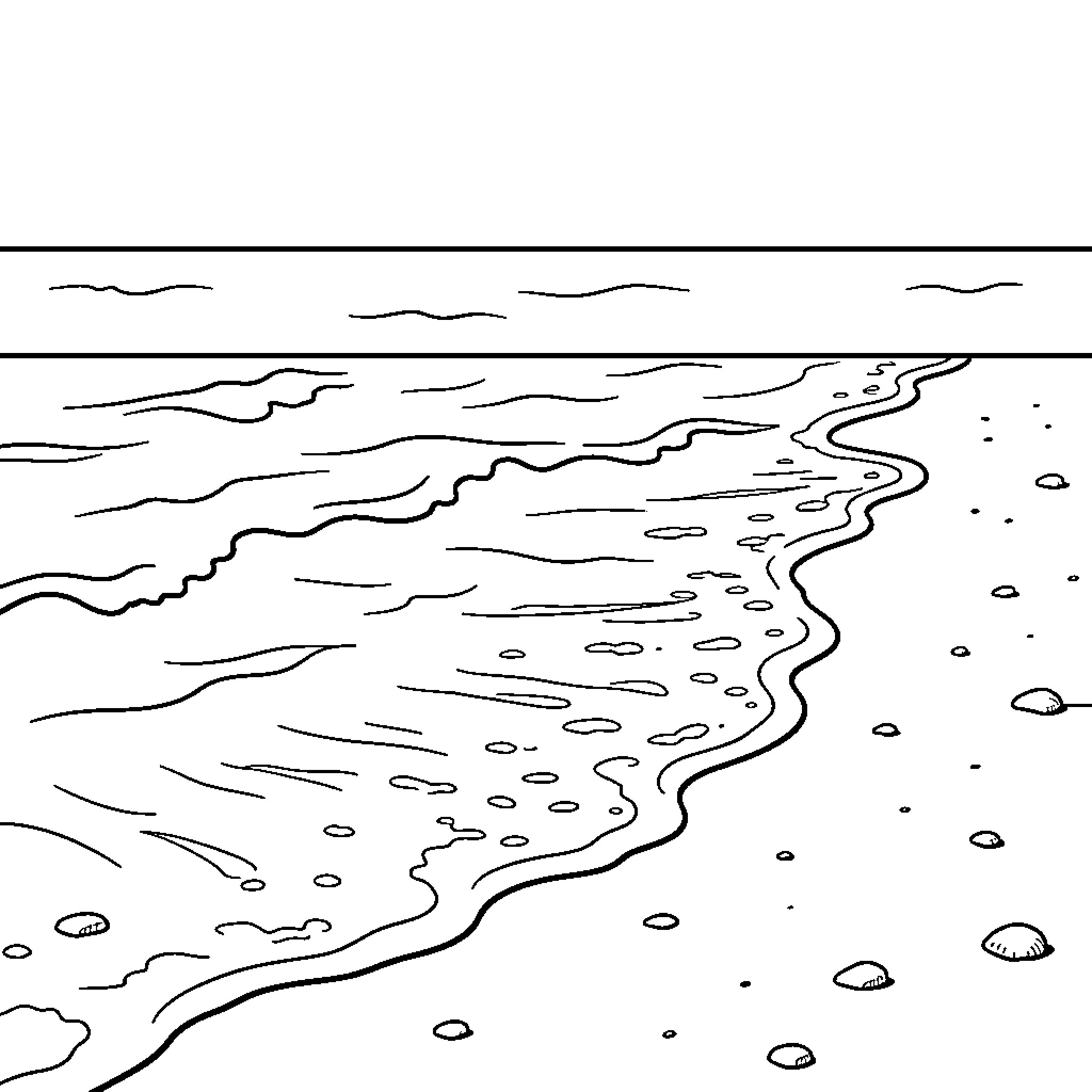 Beach scene with waves and shoreline Coloring Page (free black-and-white line drawing printable PDF for all, from beginners to advanced learners, including children, teens, adults, and seniors)
