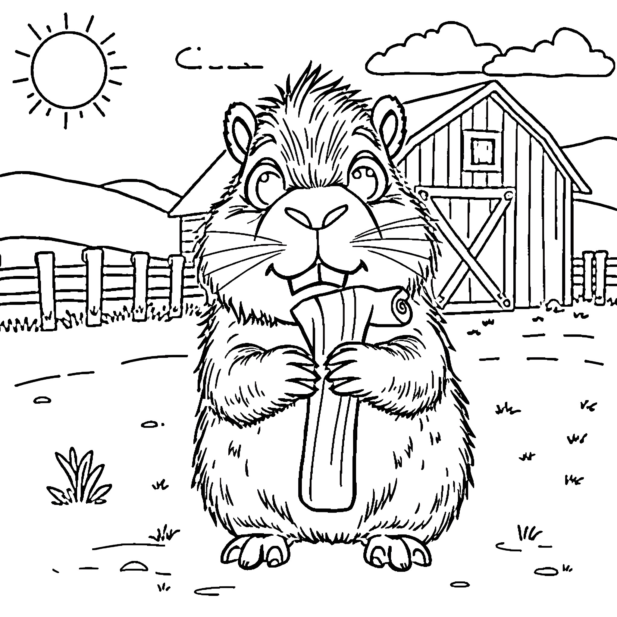 Capybara enjoying the outdoors near a farm Coloring Page (free black-and-white line drawing printable PDF for all, from beginners to advanced learners, including children, teens, adults, and seniors)
