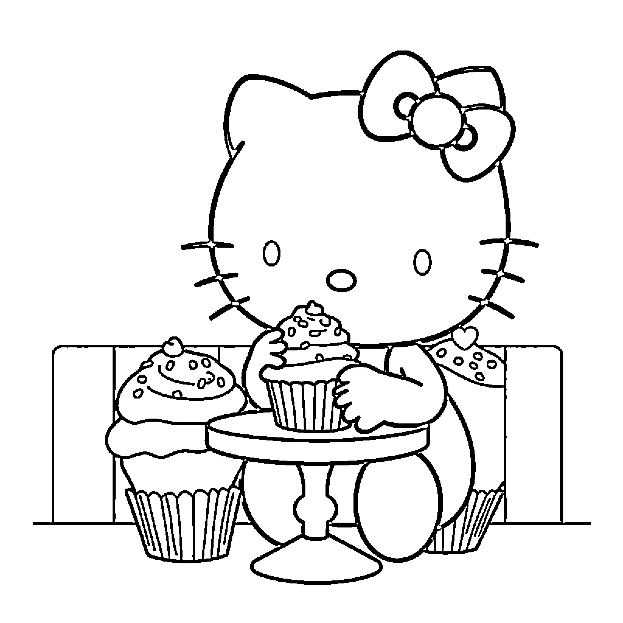 Hello Kitty enjoying delicious cupcakes Coloring Page (free black-and-white line drawing printable PDF for all, from beginners to advanced learners, including children, teens, adults, and seniors)