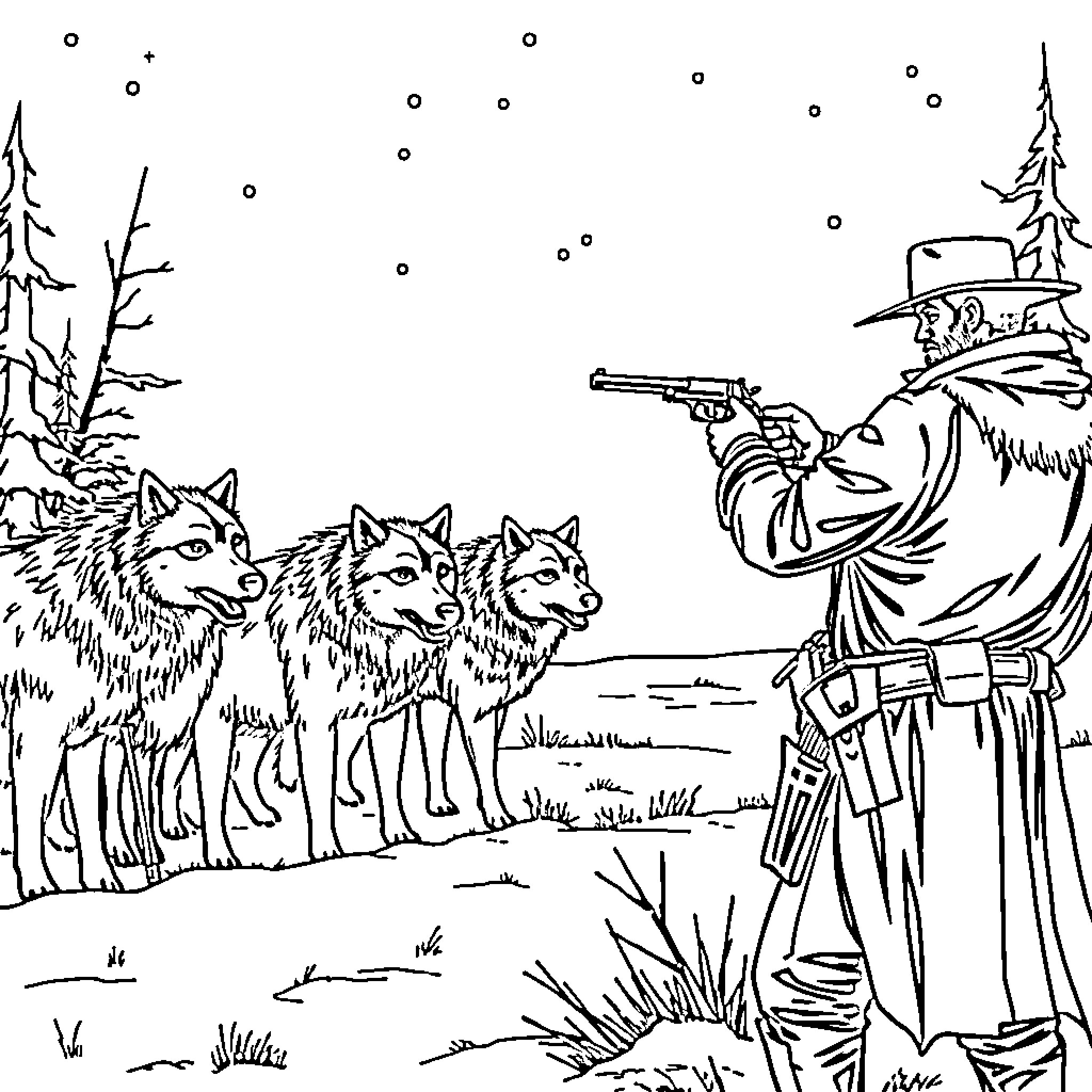 John Marston facing off against a pack of wolves in the wilderness Coloring Page (free black-and-white line drawing printable PDF for all, from beginners to advanced learners, including children, teens, adults, and seniors)