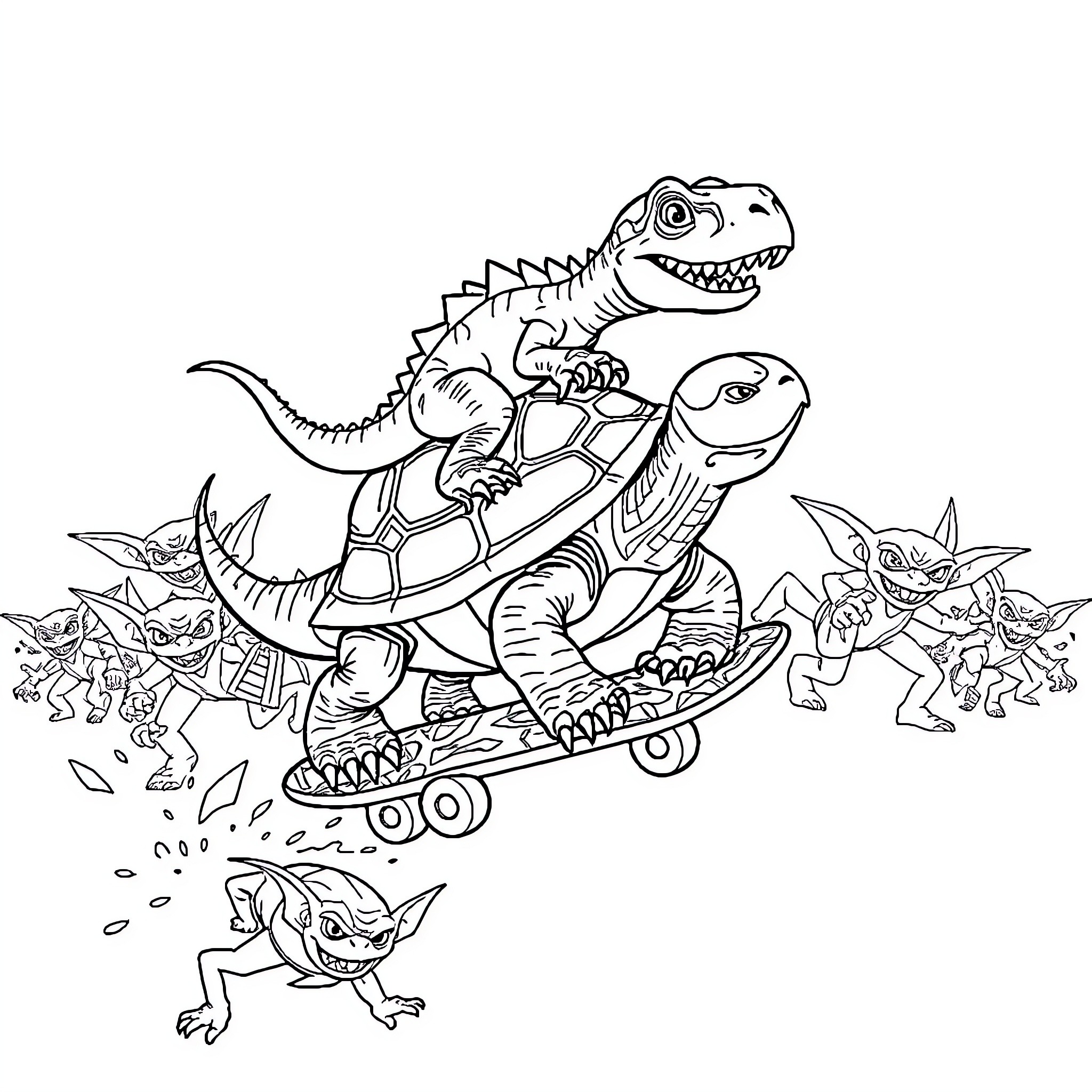 Dinosaur riding skateboards with playful creatures Coloring Page (free black-and-white line drawing printable PDF for all, from beginners to advanced learners, including children, teens, adults, and seniors)
