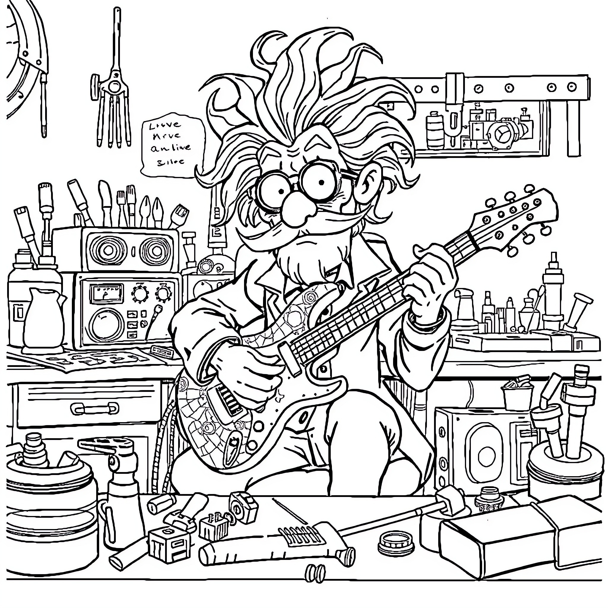 Scientist playing guitar in messy laboratory Coloring Page (free black-and-white line drawing printable PDF for all, from beginners to advanced learners, including children, teens, adults, and seniors)
