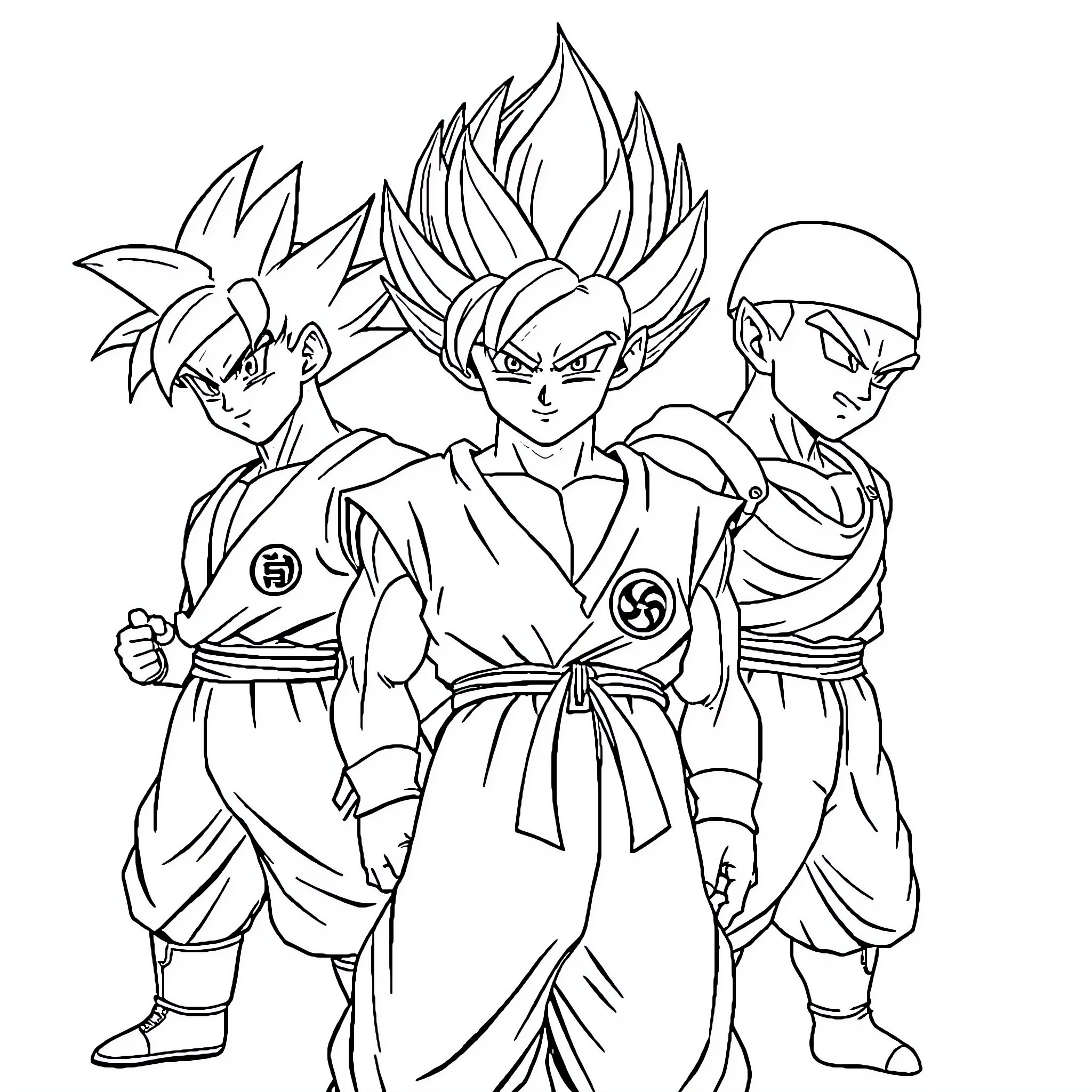 Dragon Ball Z Character Trio in Fierce Battle Poses Coloring Page (free black-and-white line drawing printable PDF for all, from beginners to advanced learners, including children, teens, adults, and seniors)